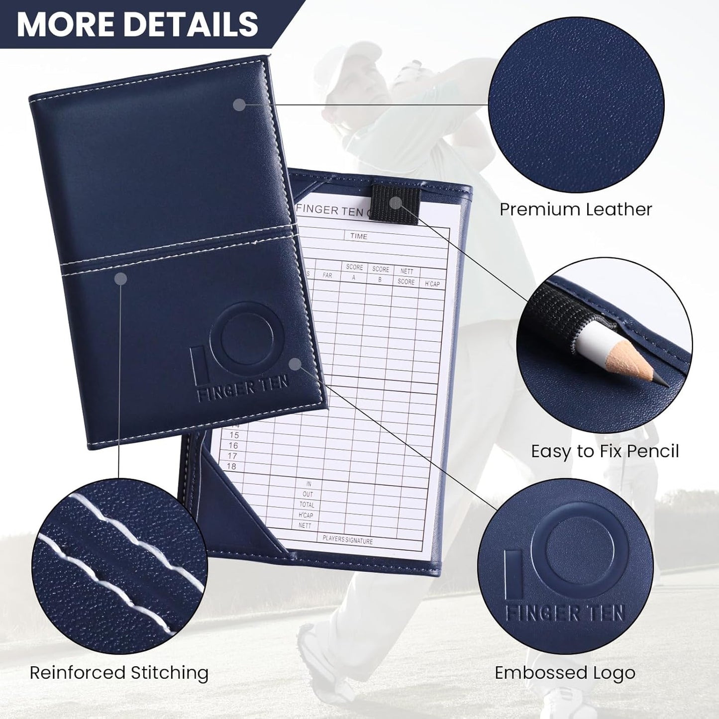 FINGER TEN Golf Scorecard Holder Leather Yardage Books Cover Lucky Clover with 2 Free Pencil Value Pack Deluxe Pocket Score Card Covers Gift for Men Women Golfer