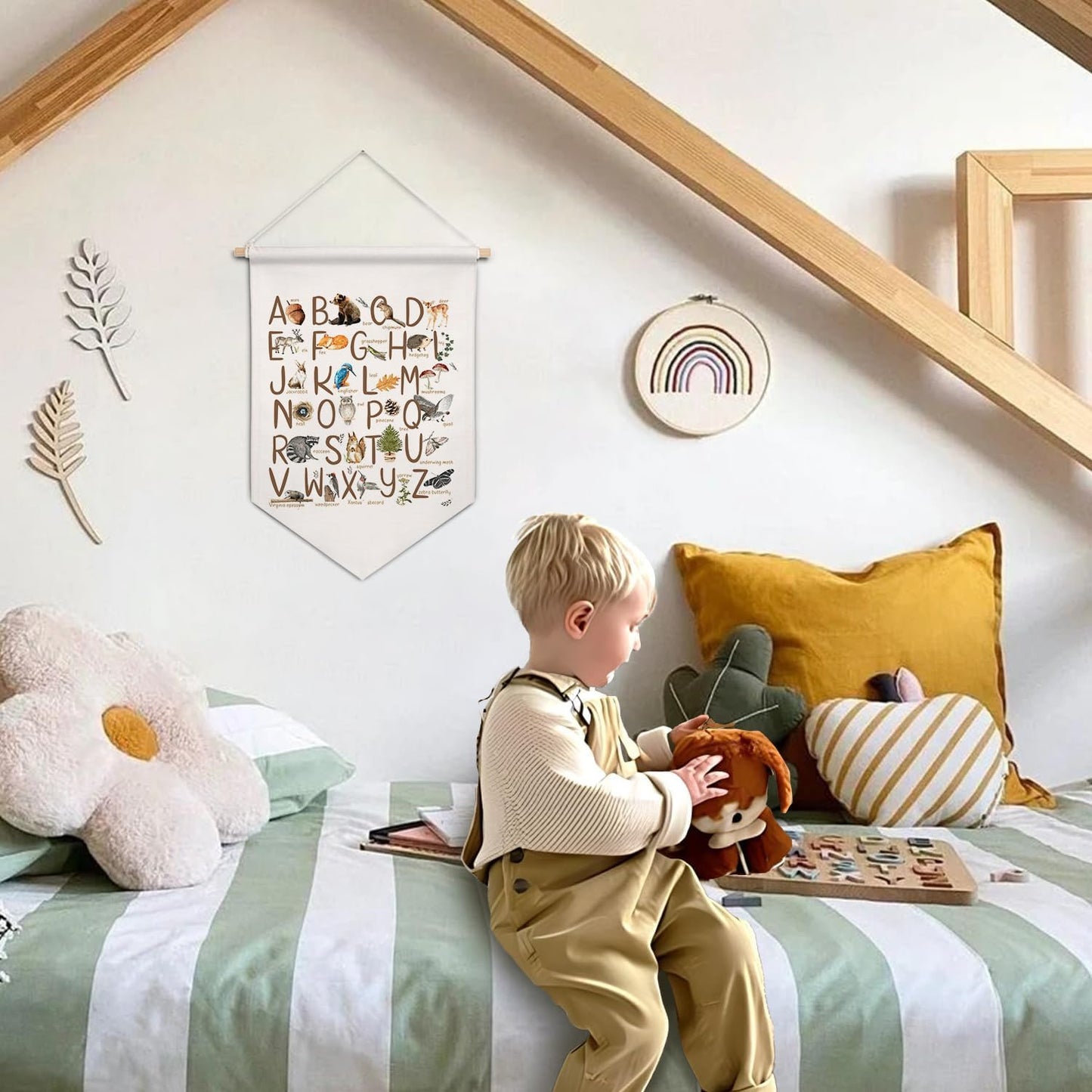 ArtisaEura Woodland Alphabet Wall Canvas Banners, Woodland Nursery Decor, Alphabet Educational Hanging Display Pennant Banner Flags, ABC Nursery Wall Decor for Kids Toddler Room Bedroom Playroom