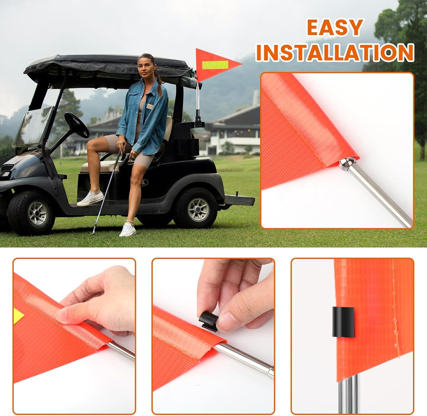 Golf Cart Flag Pole - Reflective Accessories, 22X30cm Orange Safety Flag, Telescopic Pole, Handicap Mount for Wheelchairs