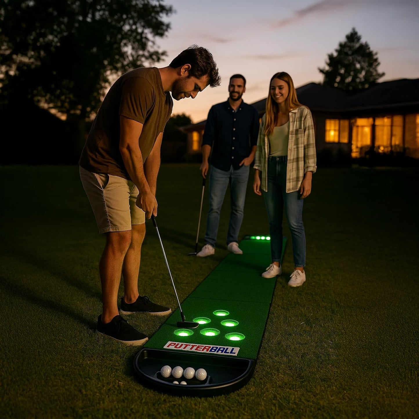 PutterBall Original Golf Putting Game Set – Backyard 12 ft Putting Green Pong Style Golf Mat with 2 Putters, 2 Balls & Hole Covers (PutterBall Original)