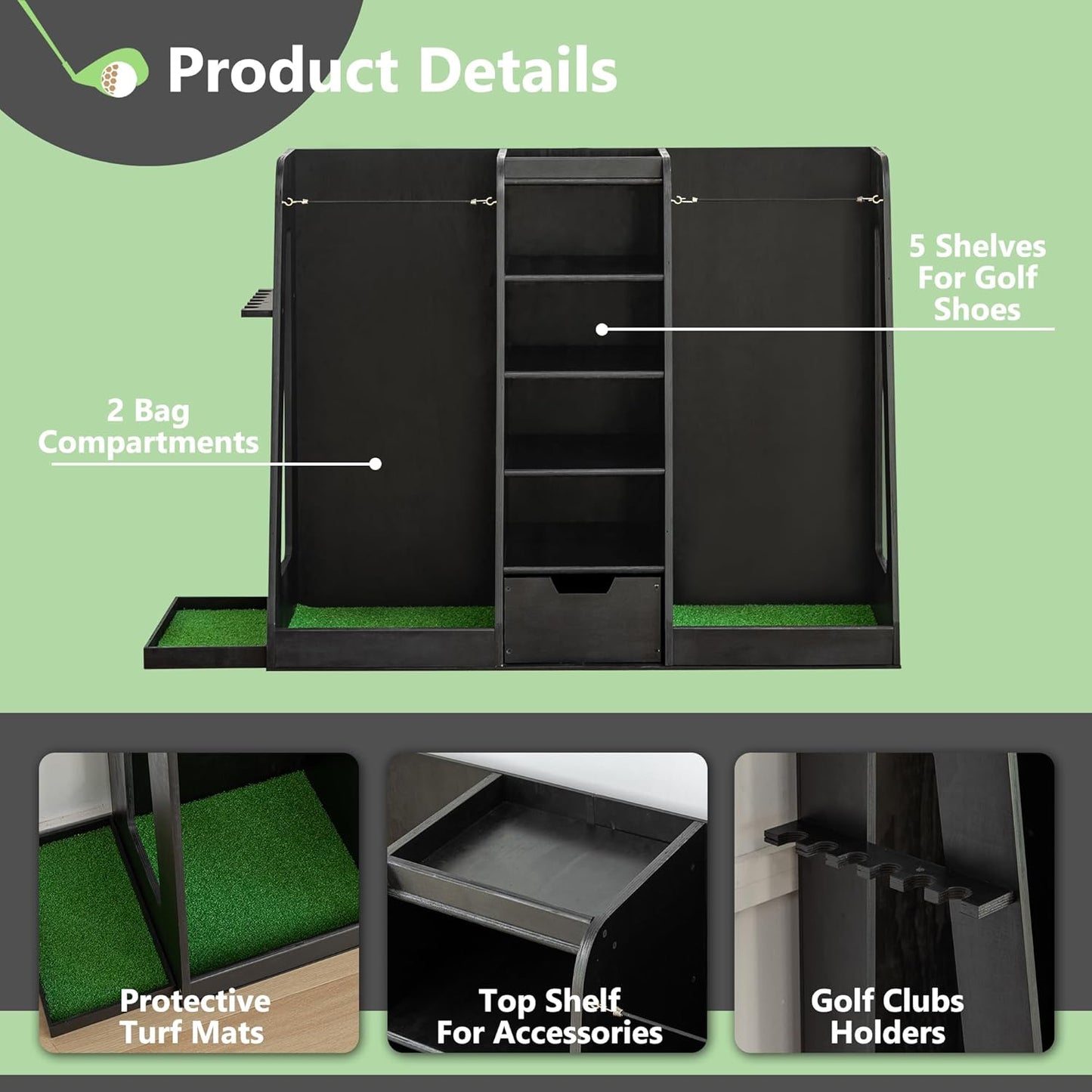 Advanced Wooden Golf Bag Organizer and Storage Rack - can Accommodate 3 Golf Bags and 3-5 Golf Clubs/Hockey Sticks, Golf Balls, Inside and Outside The Garage shed Basement
