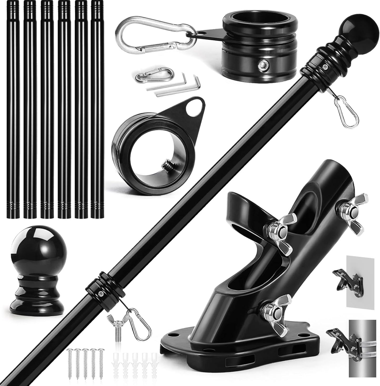 Anovo Flag Pole Kit- Stainless Steel 7 FT Flag Poles with1 Inch Metal 360° Rotating Flag Pole Rings Clip, Two-Position Flag Pole Holder Brackets Mounting for Outside House Outdoor Porch (7 FT - Black)