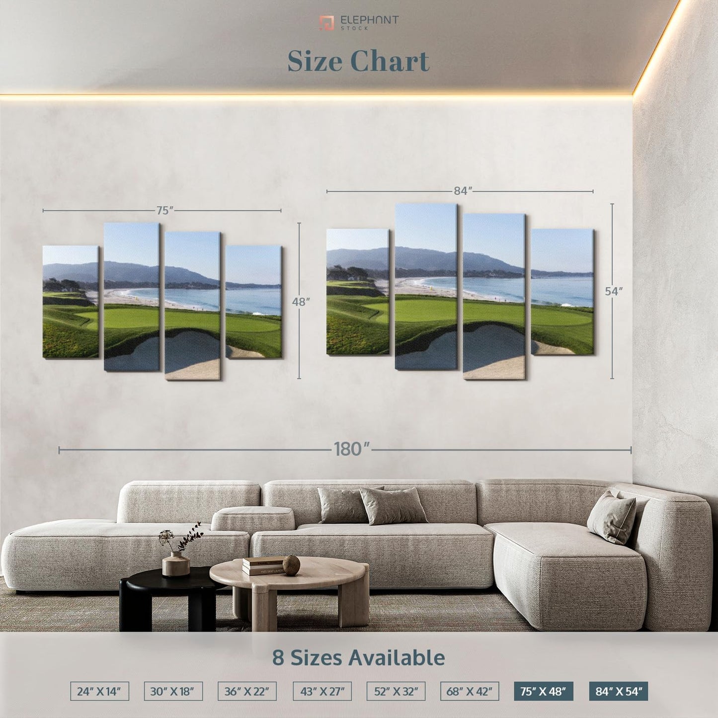 Elephant Stock Monterey CA Golf Course Wall Art - Horizontal Canvas - 4-Piece Living Room Wall Decor - Photography Sports Canvas Print - Blue and Green Decor for Wall - 84" X 54"