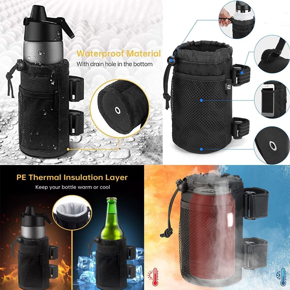 Cup Holder for Bike,Scooter and Wheelchair,Water Bottle Holder for Walker,Golf Cart and Beach,Universal Drink Holder Accessories with Net Pocket and Cord Lock (1 Piece,Black)