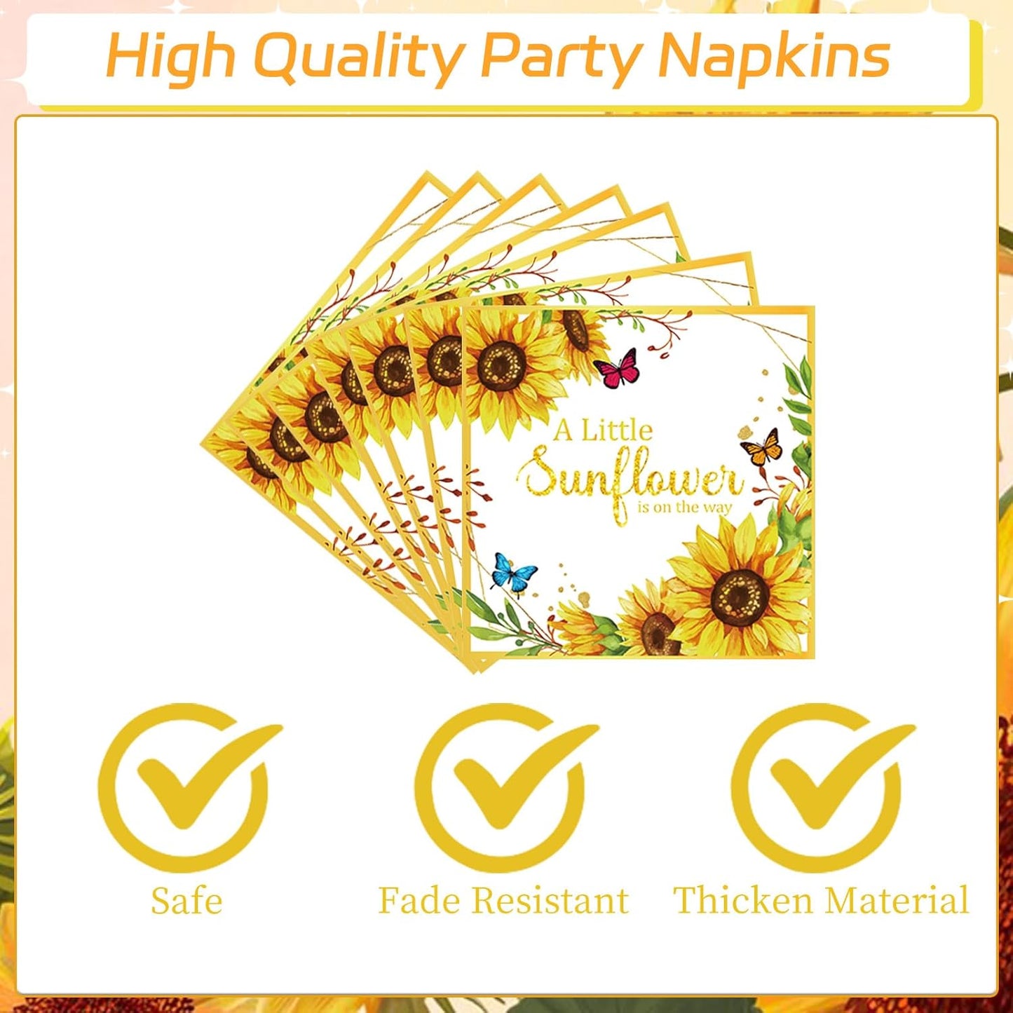 Rakuto Sunflower Baby Shower Decorations Supplies, 96PCS Disposable Paper Party Plates and Napkins Set, A little Sunflower is on the Way Tableware for Party Serves 24