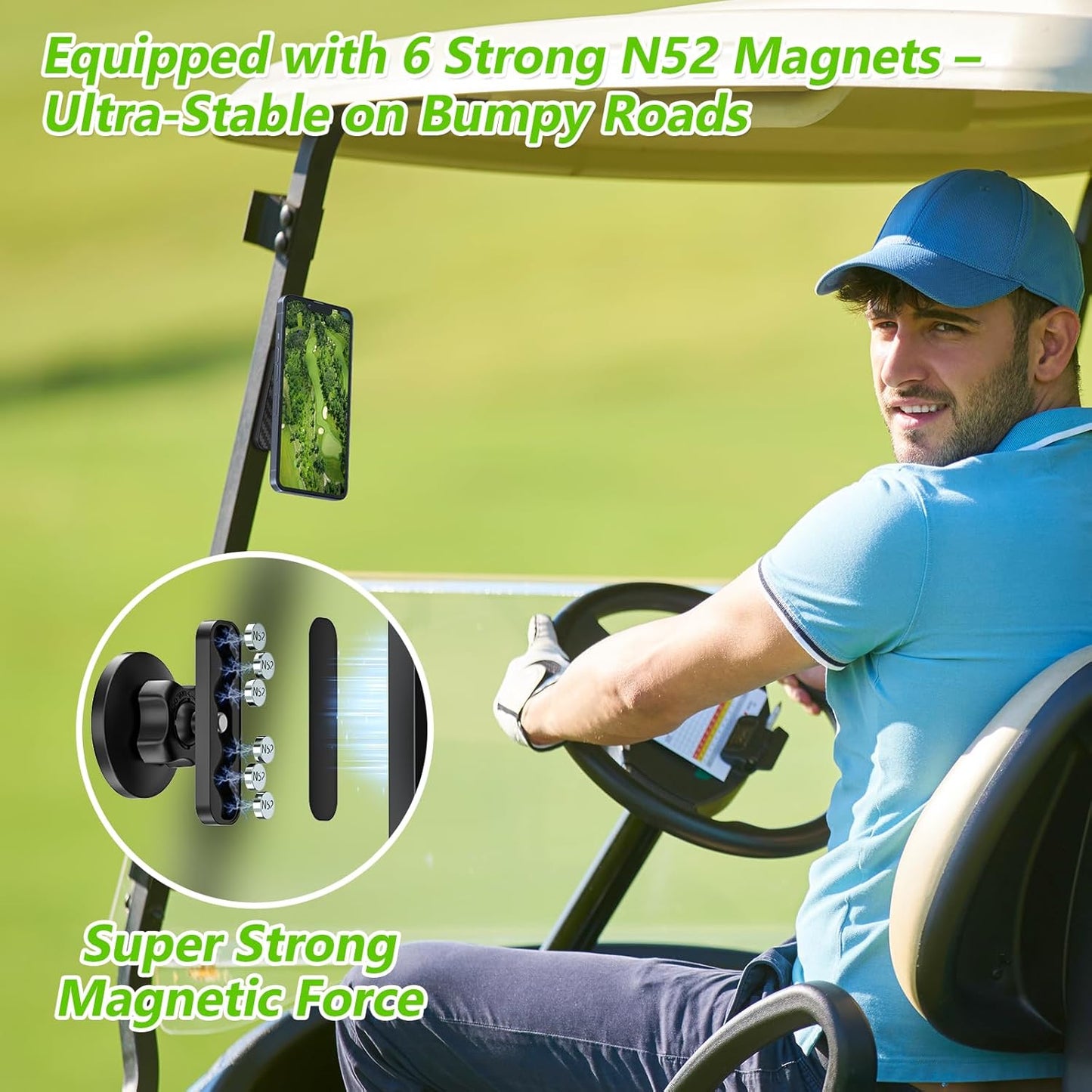 Magnetic Golf Cart Phone Holder Compatible with MagSafe iPhone and Android Fits EZGO, Club Car, Yamaha, Icon, Golf Cart Accessories Gifts for Men Women Golfers