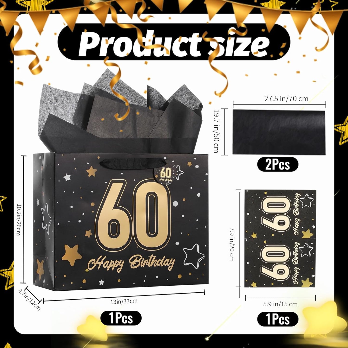 Powbrace 13" Black Happy Birthday Gift Bag with Tissue Paper and Greeting Card for Party,Happy Birthday Gift Bag for Men Women,Gift Bags Medium size(1 Black 30th)