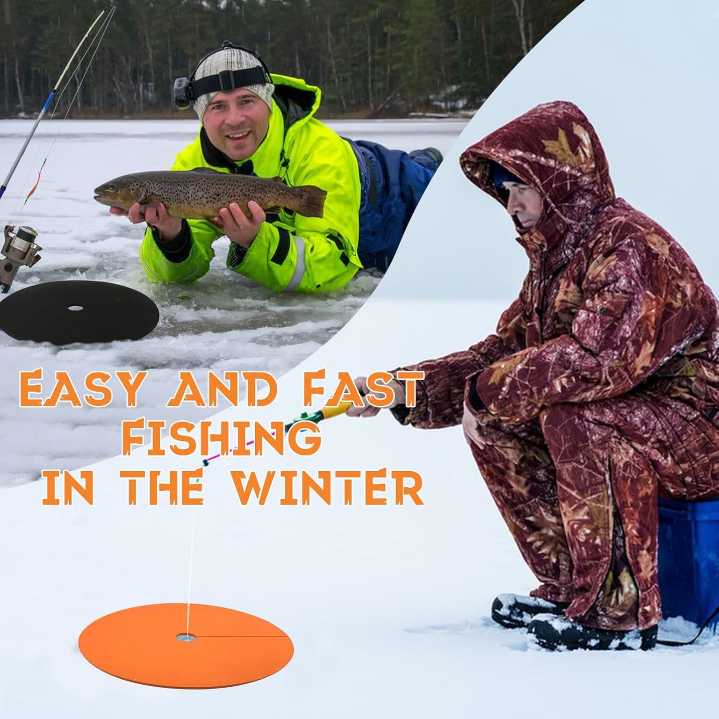 4-Pack Ice Fishing Hole Covers - 12" Insulated Lid for Ice Fish Tip Ups - Essential Winter Fishing Accessories for Fish Houses, Easy to Use and Durable.Black+Orange