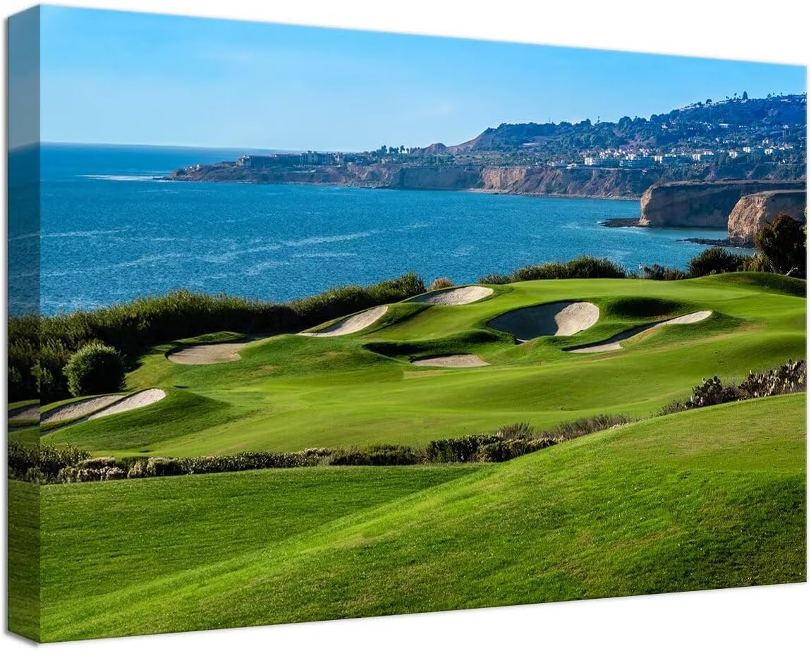 California Coastal Golf Course Wall Art for Living Room Bedroom Bathroom Home Decorations Coastal Golf Course Picture Poster Framed Artwork Canvas Prints Ready to Hang(12''H x 16''W)