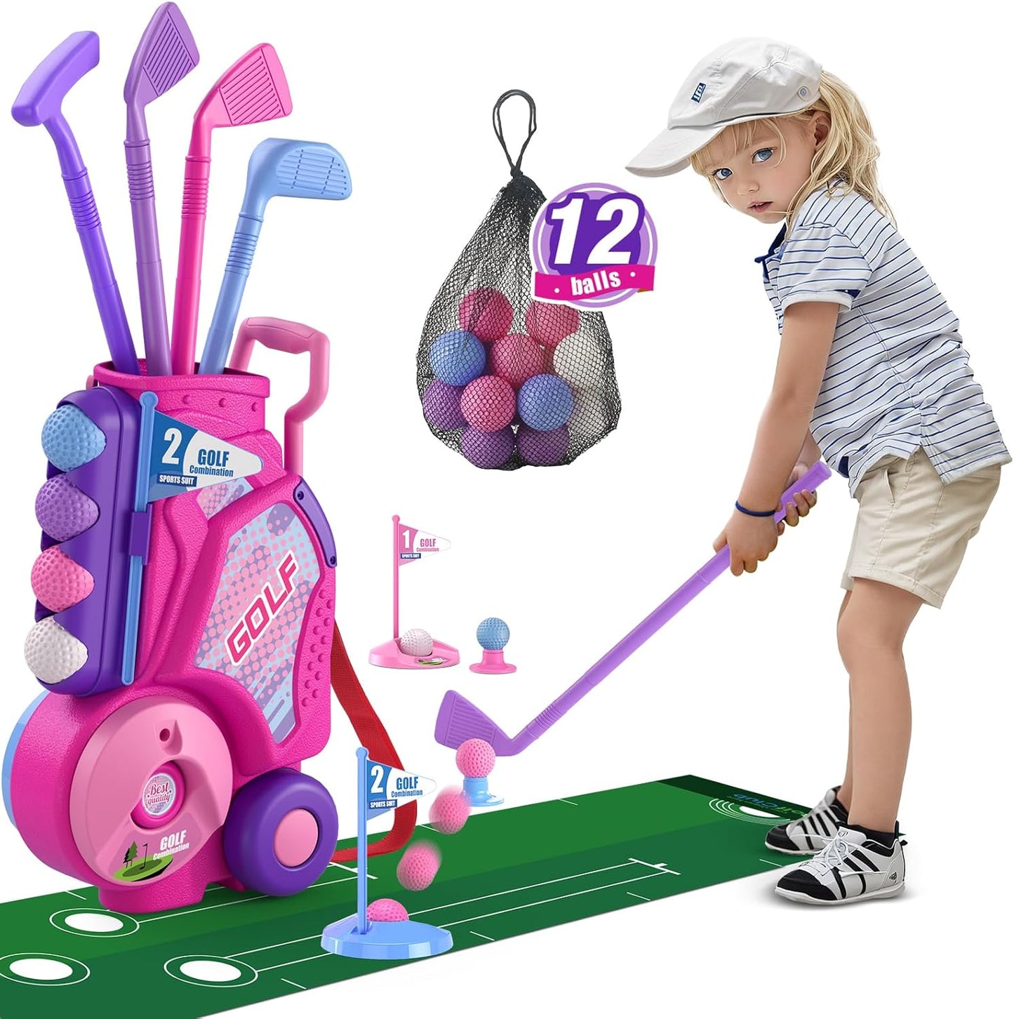 Toddler Golf Set 2-4 Years, Upgraded Kids Plastic Golf Clubs with 12 Balls, Putting Mat, Shoulder Strap, Indoor Outdoor Game Sport Toys Gift for Baby Boys Girls Aged 3-5, Pink