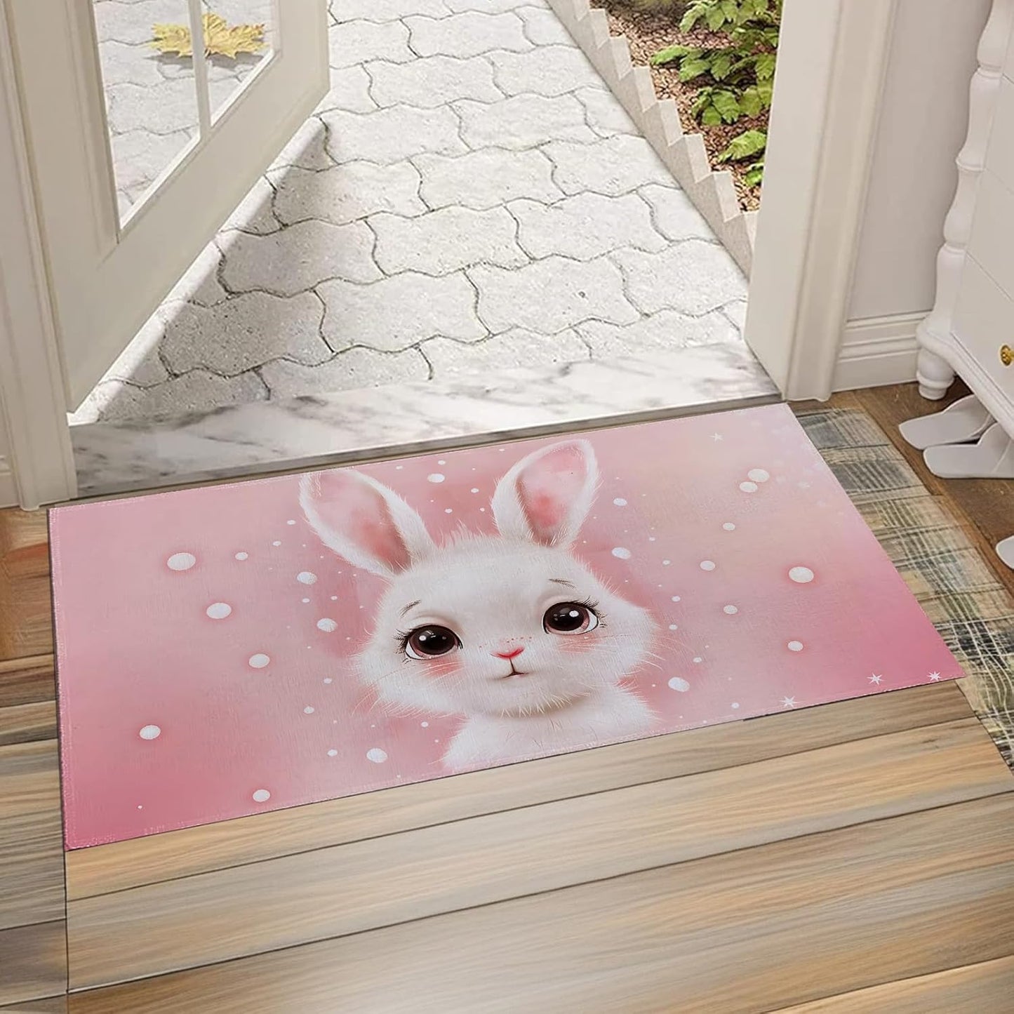 Cute Bunny Rabbit Indoor Doormat, Non-Woven Fabrics Non Slip Floor Mat 17x29.5 in Area Rug Quick Absorbent Entrance Rug Front Door Mat, Welcome Mats Entryway Rug Doormats for Kitchen Home Bedroom