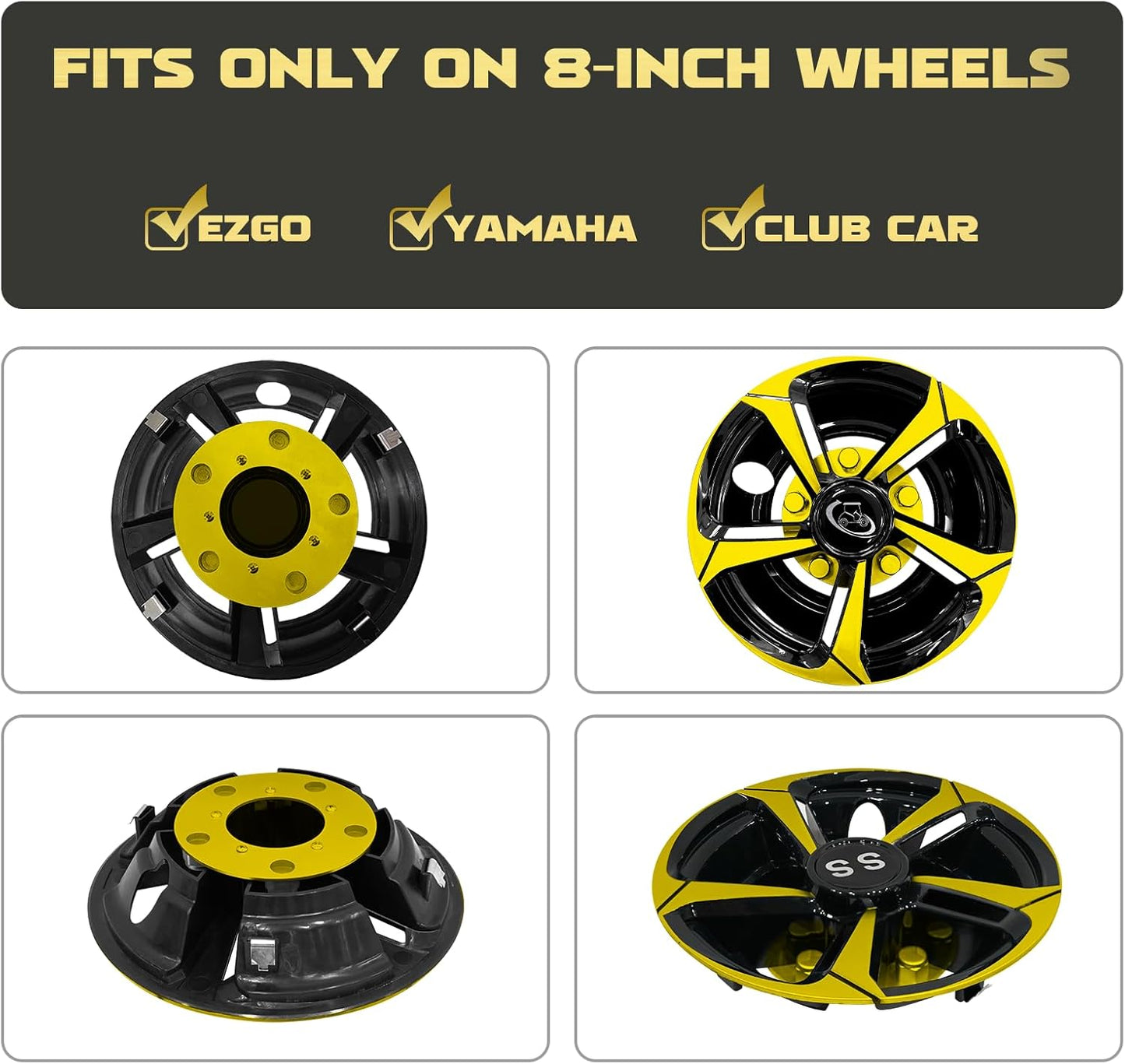 XUANYUDG0769 Golf Cart Hubcaps Wheel Covers for EZGO Club Car Yamaha Golf Cart Wheels and Tires Center Caps 8 Inch, Set of 4 Golf Cart Hub Caps, Black and Silver