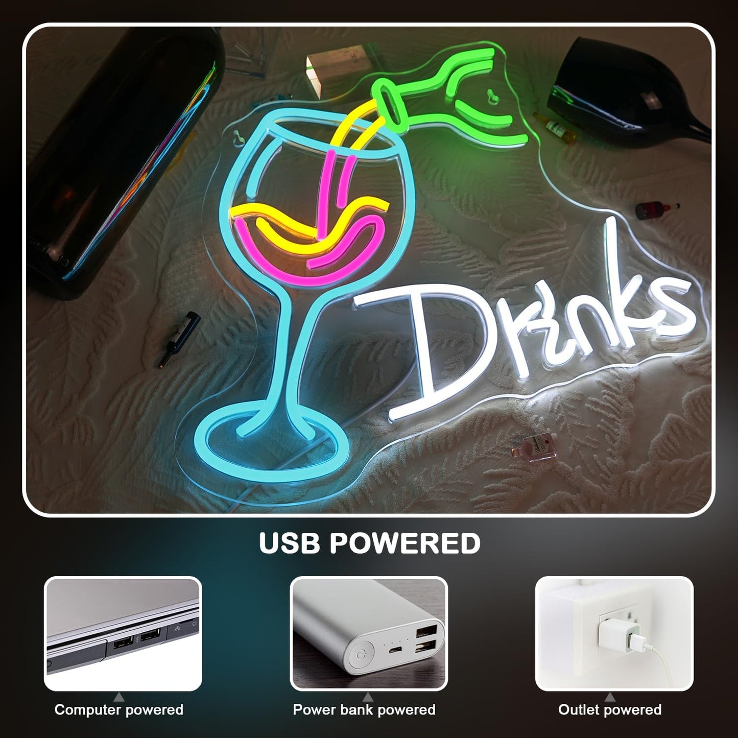 NOSUN Drink Neon Sign Neon Pouring Wine Drinking Alcohol LED Lights for Wall Decor USB Light Up Signs Home Beer Bar Bedroom Restaurant Man Cave Cafe Bistro Club Party Decorations Gift