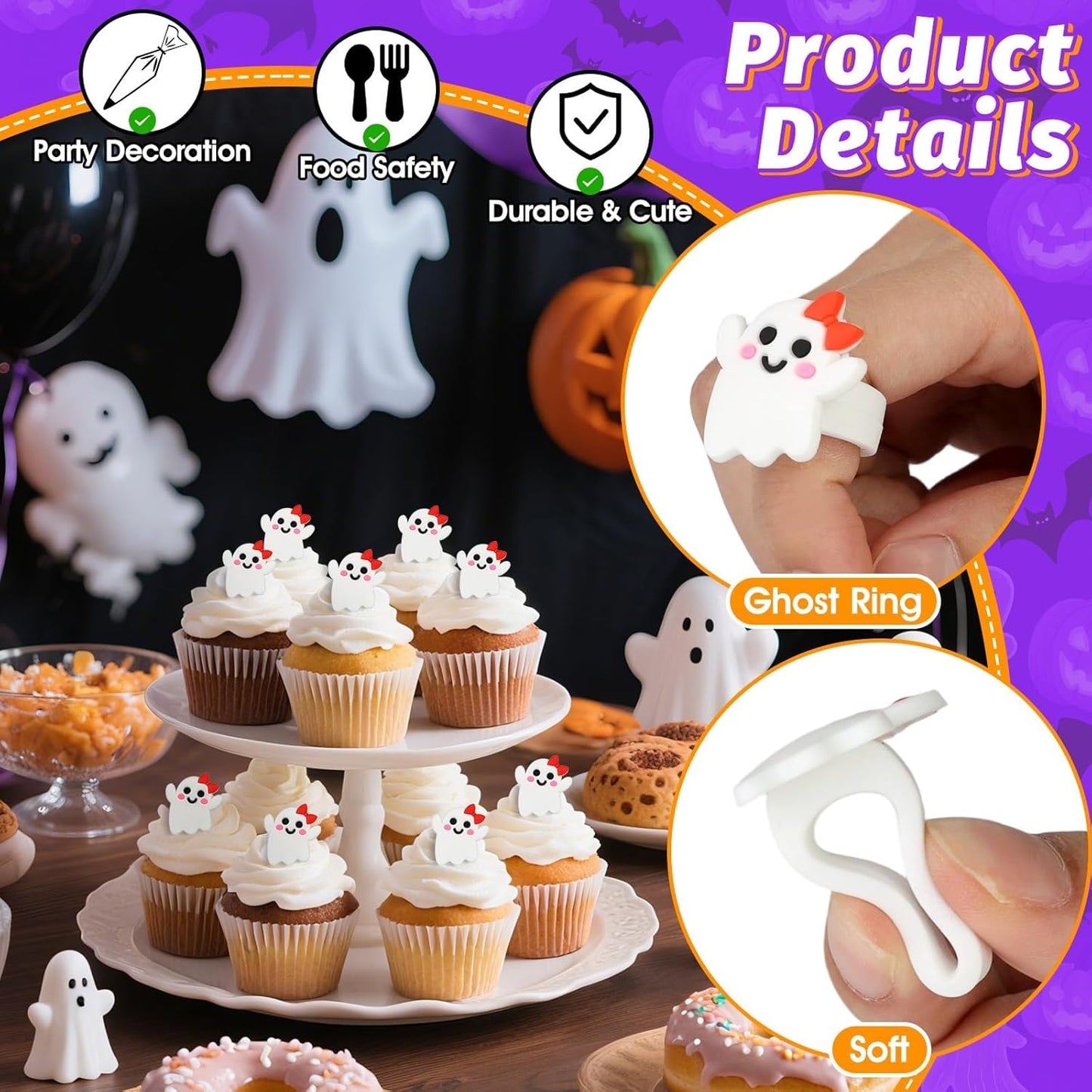 24PCS Ghost Cupcake Ring Toppers Spooky Halloween Cupcake Picks Cute Ghost Decorations for Halloween Theme Birthday Party Baby Shower Cake Supplies