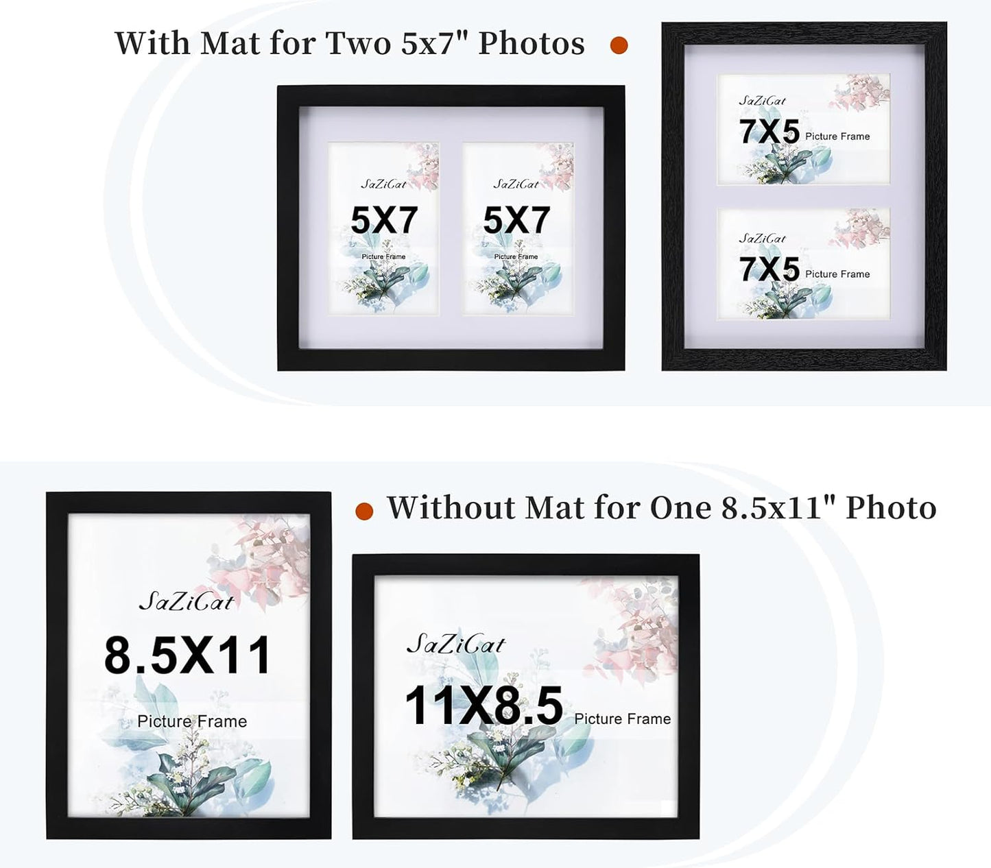 8.5x11 Pine Wood Collage Picture Frame Double 5x7 Picture Frame with Tempered Glass Fits 1Pc Certificate or 2Pcs 5x7 Photos With Mat For Tabletop or Gallery Wall Mounted-Classic Black