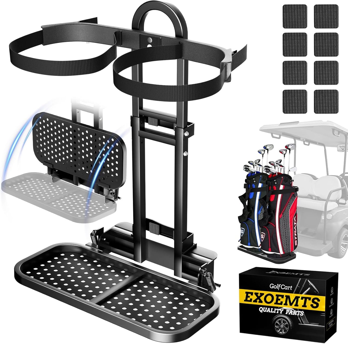 Universal Foldable Golf Cart Rear Seat Bag Holder, Upgraded Golf Cart Rear Seat Bag Rack Fits 8-Inch Max Width Safety Grip Bar, for EZGO Club Car Yamaha, Preinstalled, Space-Saving, No-Drill