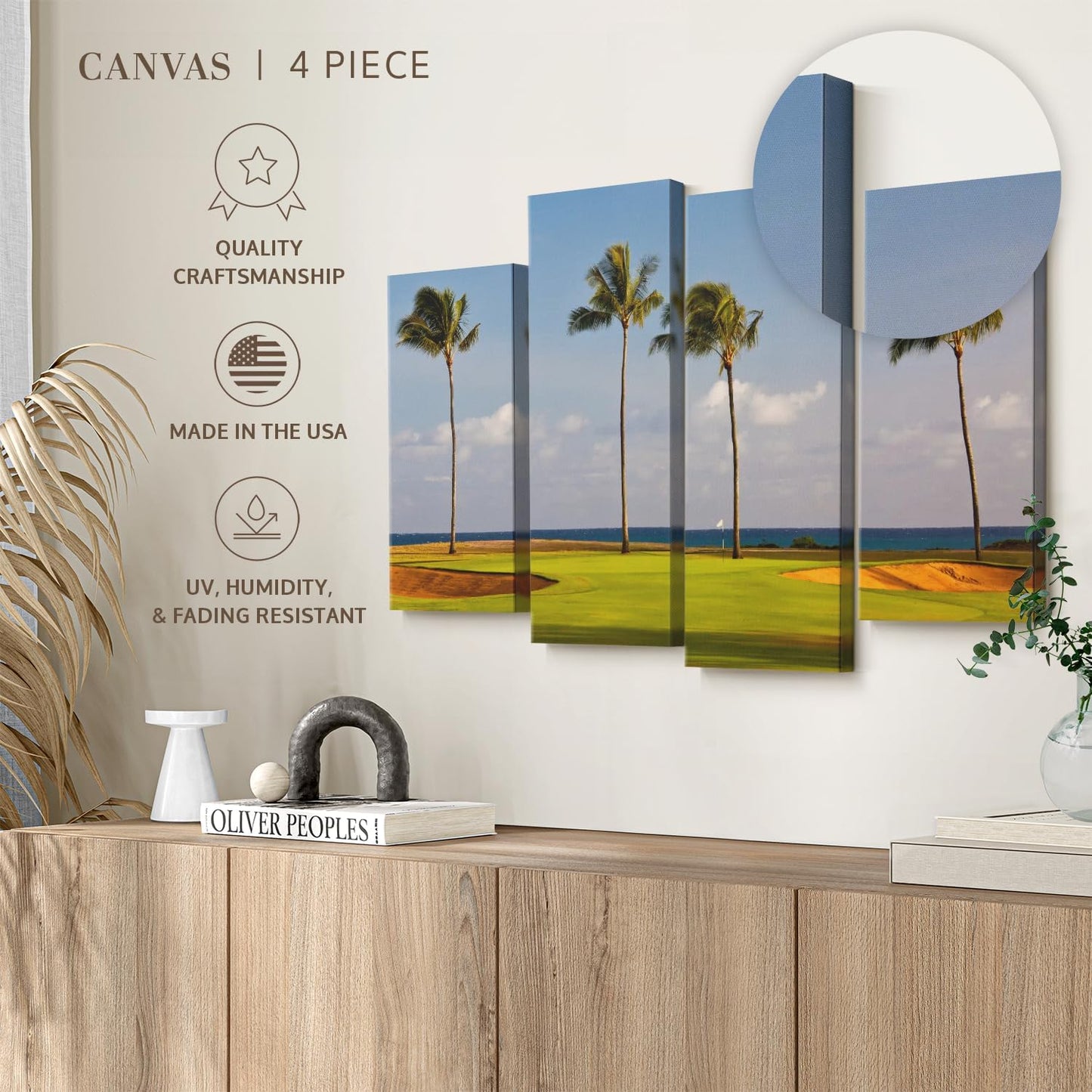 Elephant Stock Hawaiian Golf Course Wall Art - Horizontal Canvas - 4-Piece Living Room Wall Decor - Photography Sports Canvas Print - Green and Yellow Decor for Wall - 24" X 14"