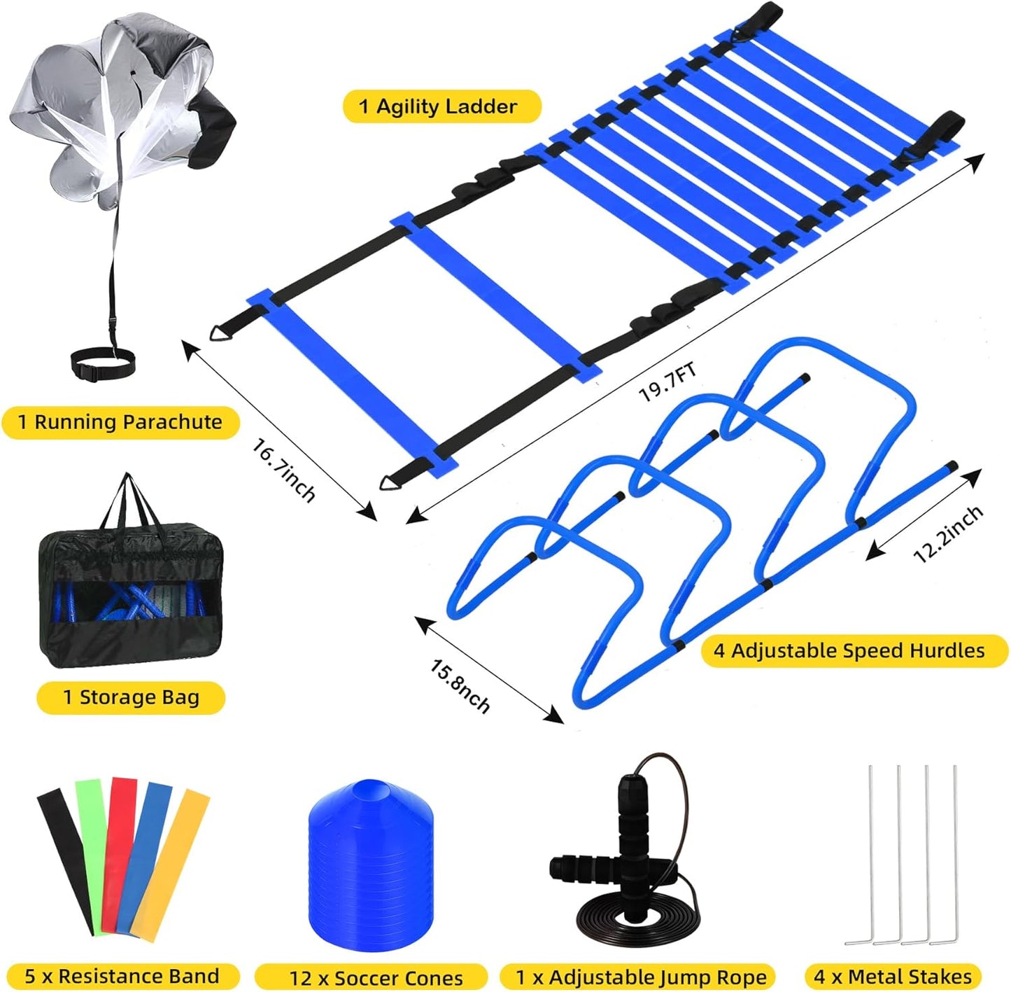 Agility Ladder, Agility Speed Training Set, 20ft 12 Rung Agility Ladder, 4 Agility Hurdles, 5 Resistance Bands, 12 Resistance Cones, Running Parachute, Jump Rope for Athletes, Adults