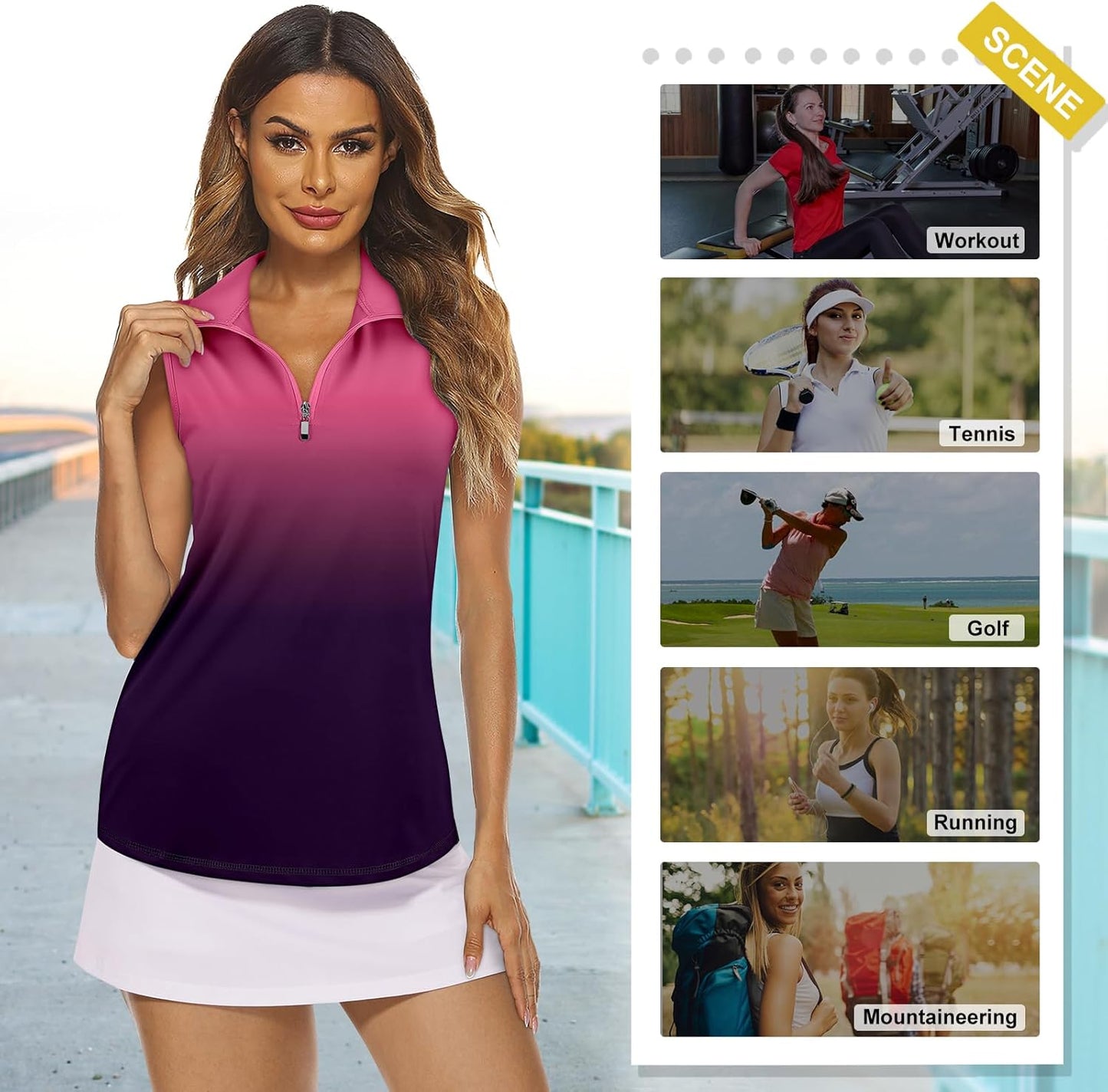 Koscacy Women's Sleeveless Golf Tennis Polo Shirts Zip Up Dry Fit Workout Tank Tops Athletic Shirt