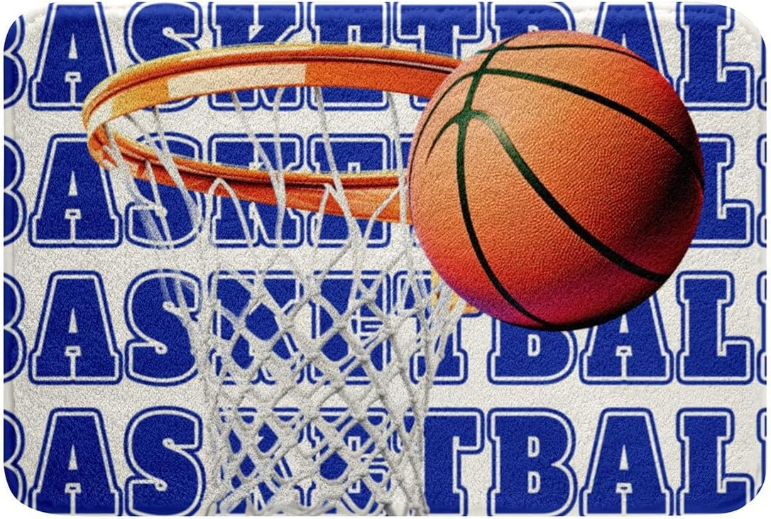 Feelyou Basketball Polyester Bath Rug Blue White Soft Fleece Door Carpet for Kids Boys Girls Orange Basketball Print Non Slip Bath Mat Ball Game Bathroom Floor Indoor Doormat,16x24 Inch