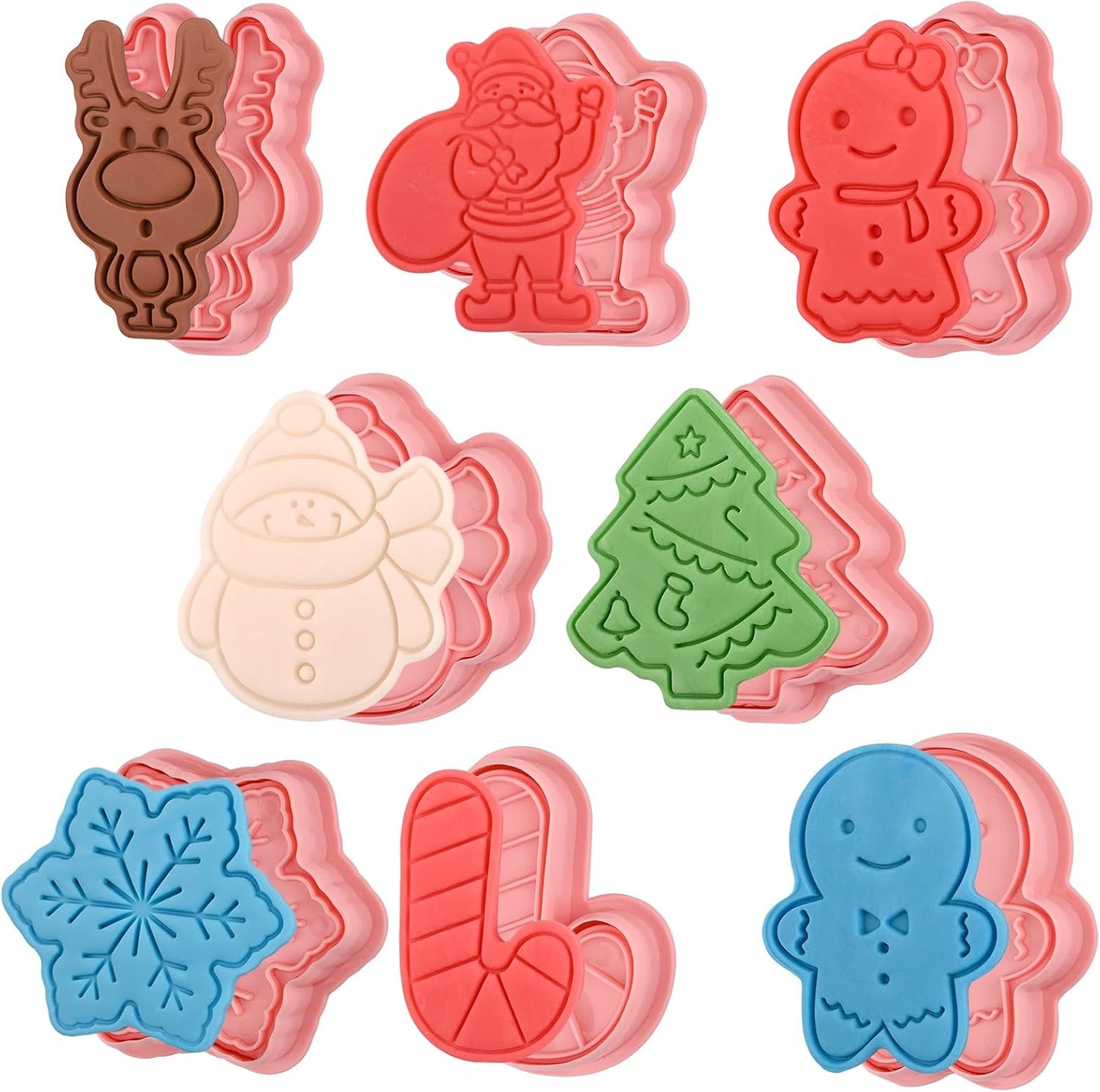 (Set of 8) Christmas Cookie Cutters with Plunger Stamps Set, Gingerbread Boy/Girl Snowman Santa Claus Snowflake Christmas Tree Reindeer Cookie Cutters
