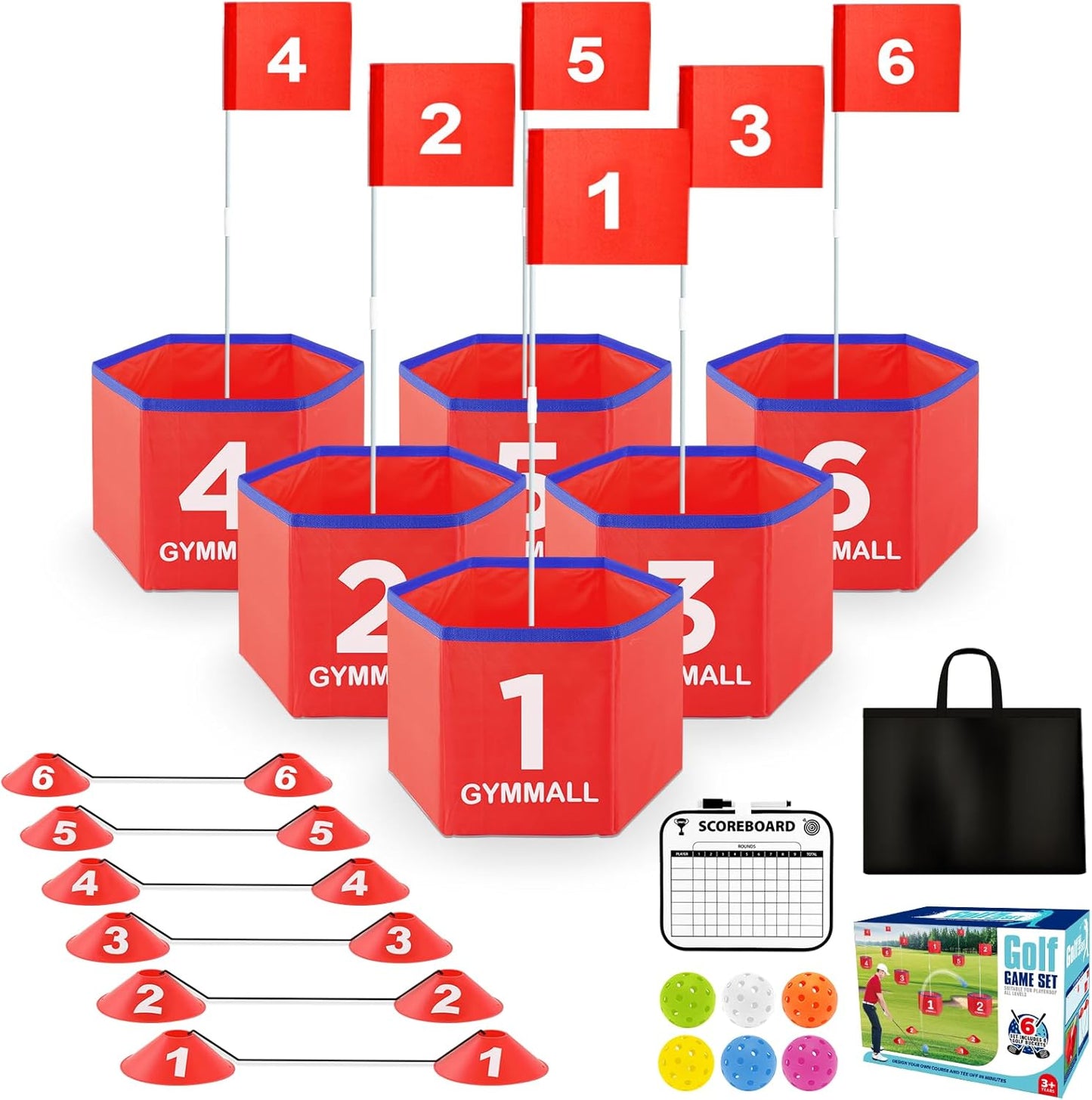 Golf Bucket Yard Game, Backyard Golf Set for Kids, Adults and Family, Outdoor and Indoor Portable 6 Holes Golf Course with Balls, Flags and Carry Bag for Lawn, Park, Beach and Hotel - Red