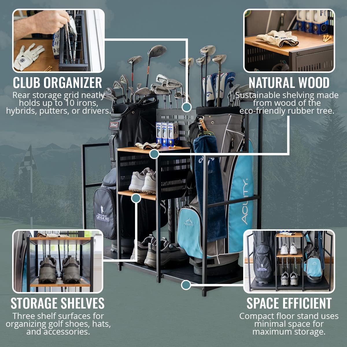 Teal Triangle Golf Storage Organizer, Heavy Duty Garage Freestanding Storage, Holds Golf Clubs, Bags, Golf Accessories, Golf Gifts for Men