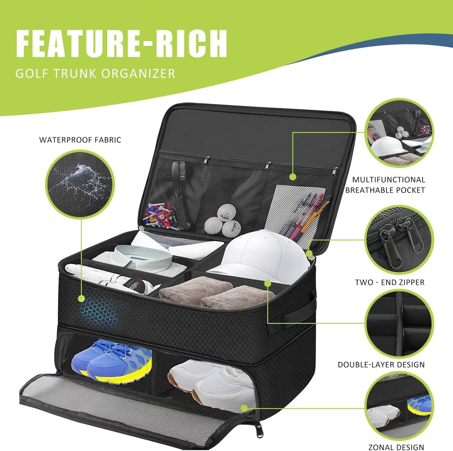 Golf Trunk Organizer, 2 Layer Golf Storage Bag, Waterproof Car Golfer Organizers with Ventilation Compartment for 2 Pairs Shoes, Balls, Clothes, Tees, Gloves, Accessories, Gifts for Men Women