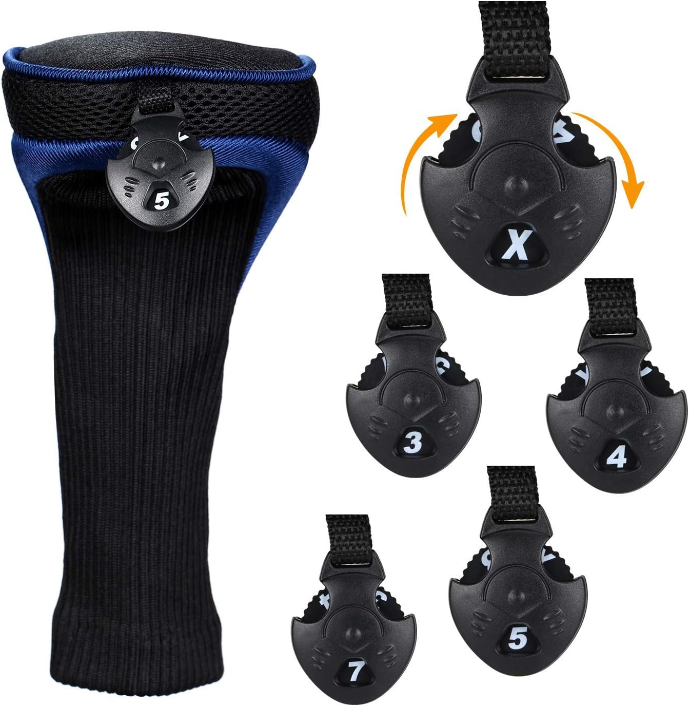 Black Golf Club Head Cover for Driver Fairway 3 Pcs Woods Headcovers, Golf Accessories Hybrid Head Covers Set with Interchangeable Tags 3 4 5 7 X