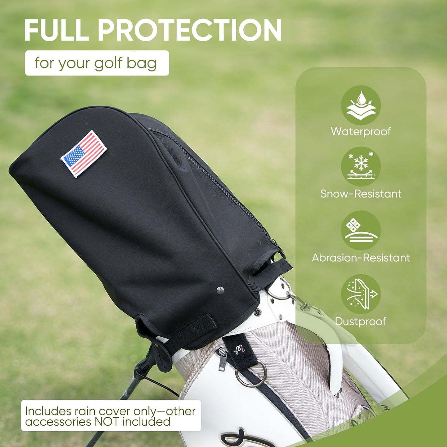 Golf Bag Rain Cover Hood Waterproof 1680D Nylon Dustproof Universal Fit with Adjustable Rain Cape for Stand/Cart Bags, All Black or US Flag Style