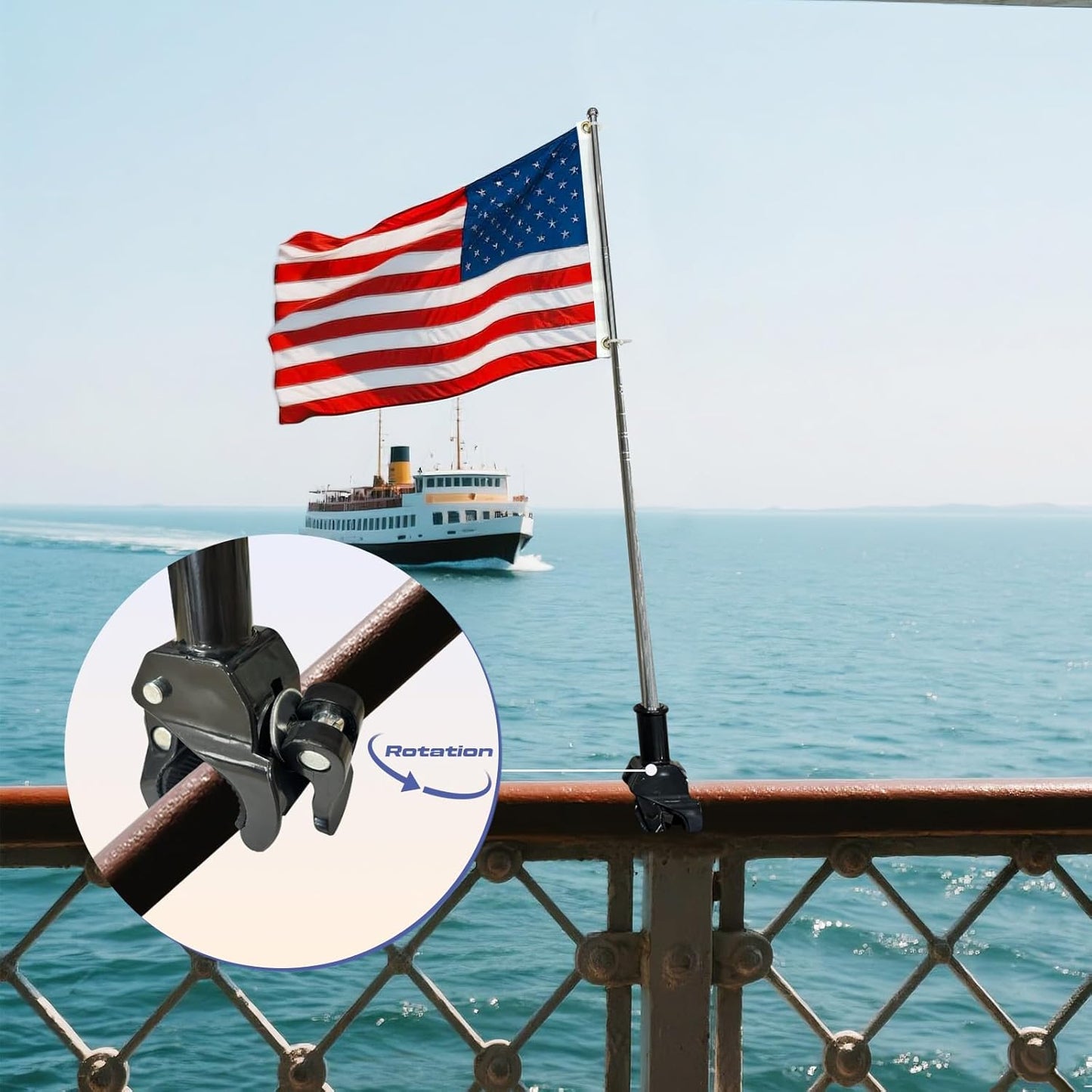 JRED Small American Flag Pole Kit, Retractable Boat Flagpole Holder 12x18 US Flags for Outside, USA Embroidered Stars 2 Brass Grommets for Motorcycle, Golf Cart, Bicycle, Yacht