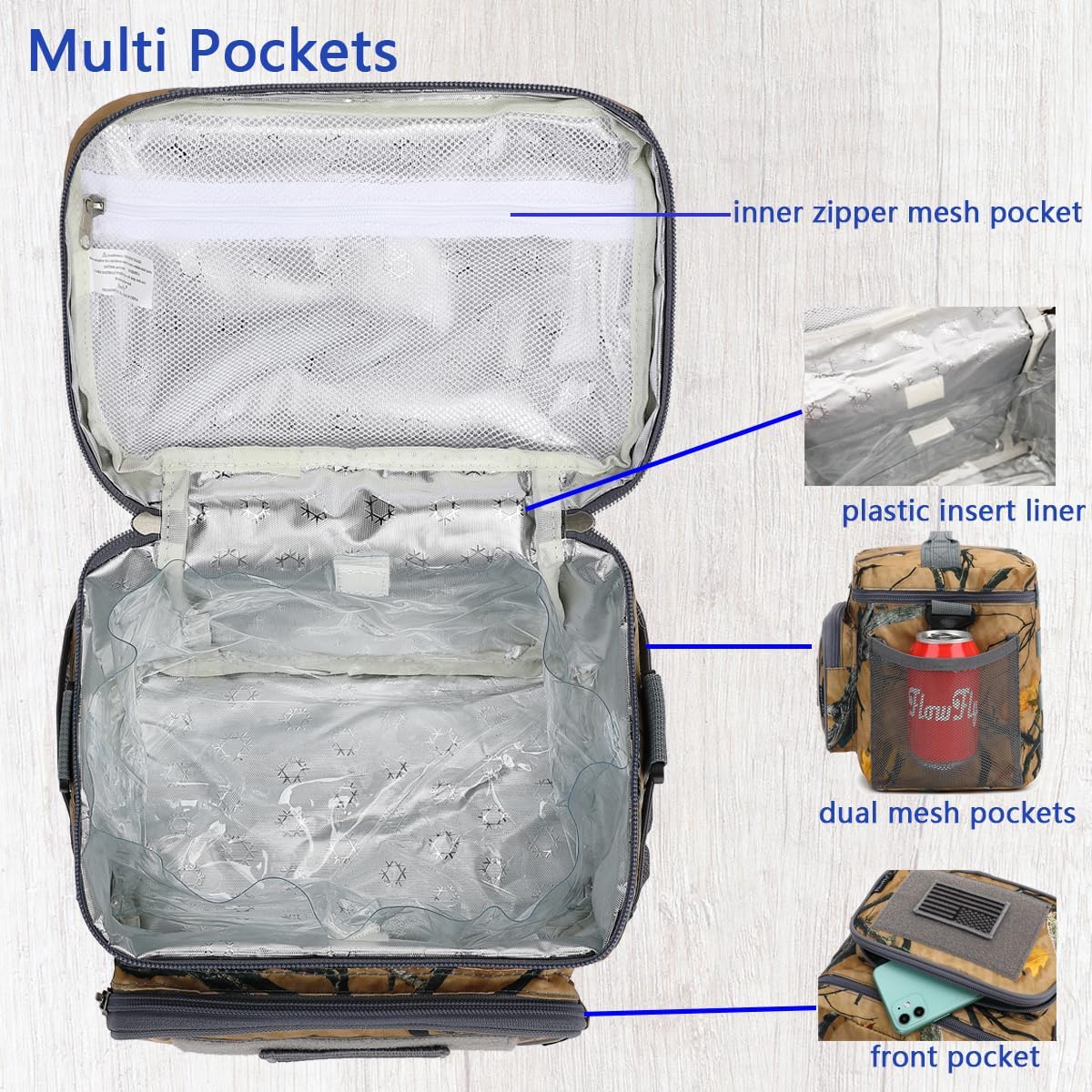 FlowFLy Lunch Bag, Insulated Cooler, Thermal Lunch Box Tote with MOLLE/PALS Webbing, Adjustable Padded Shoulder Strap, for Tactical Men Women Adults and Boys Girls Kids (Maple Leaves Camo, Medium)