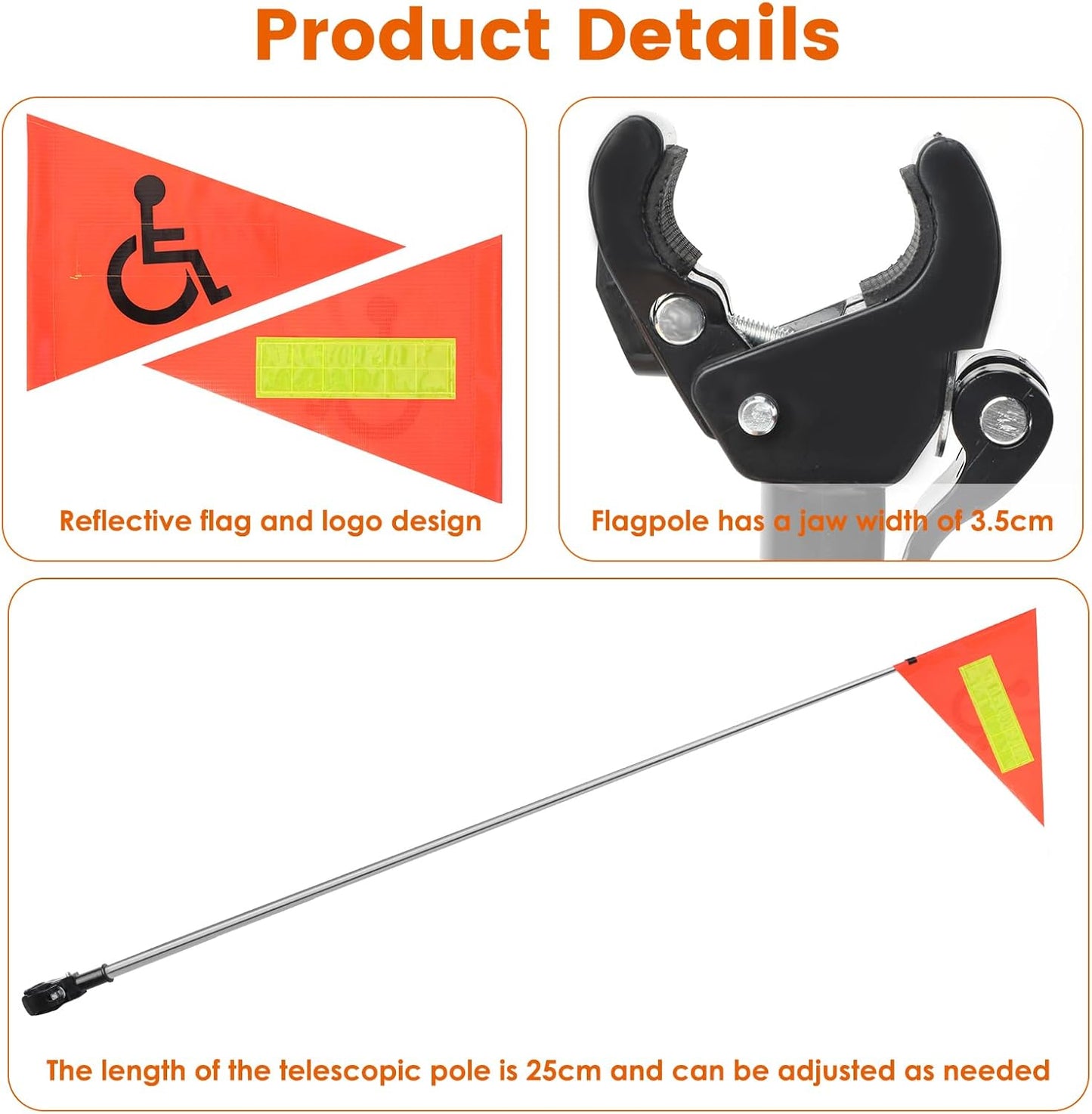 Golf Cart Flag Pole - Reflective Accessories, 22X30cm Orange Safety Flag, Telescopic Pole, Handicap Mount for Wheelchairs