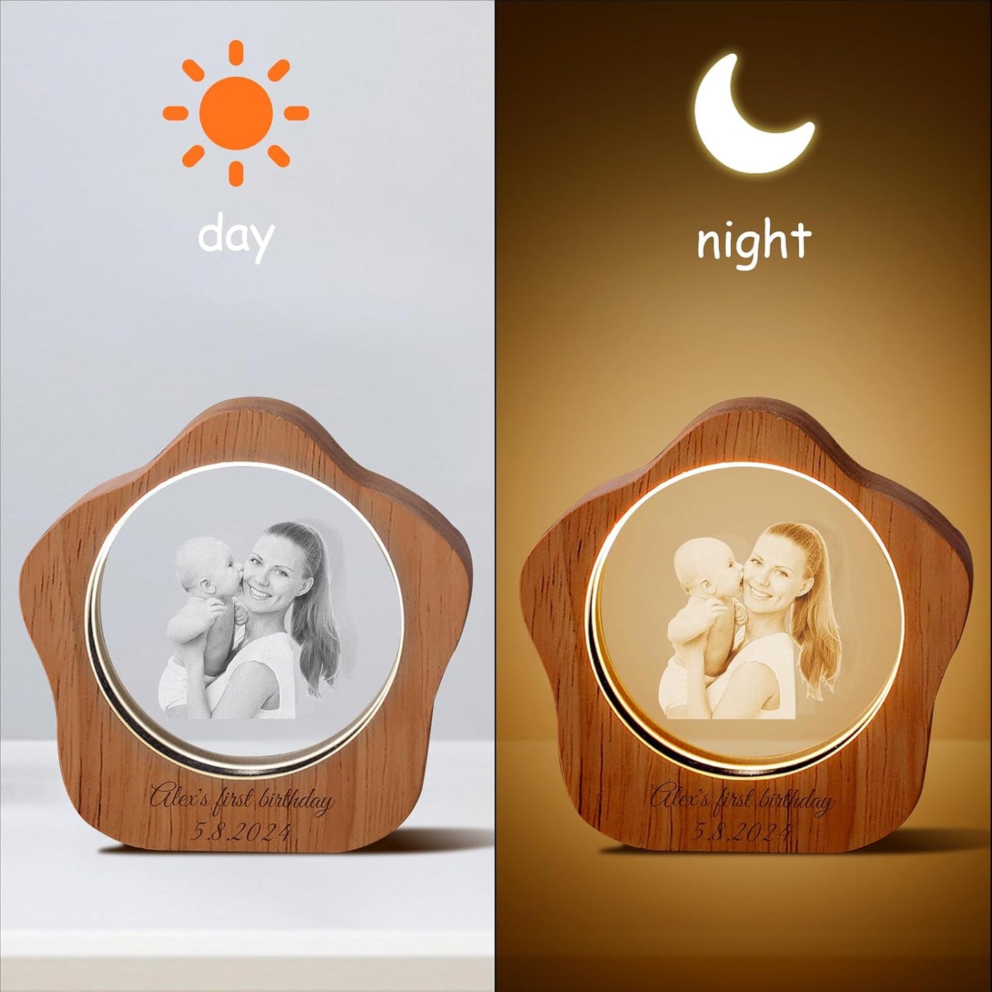 Custom 3D Crystal Photo Night Light – Personalized Glass Photo Ball with Customized 3D Picture Engraving, LED Light Wood Base, Unique Custom Gifts for Family, Pets, Birthday，Valentine's Day (Style 5)