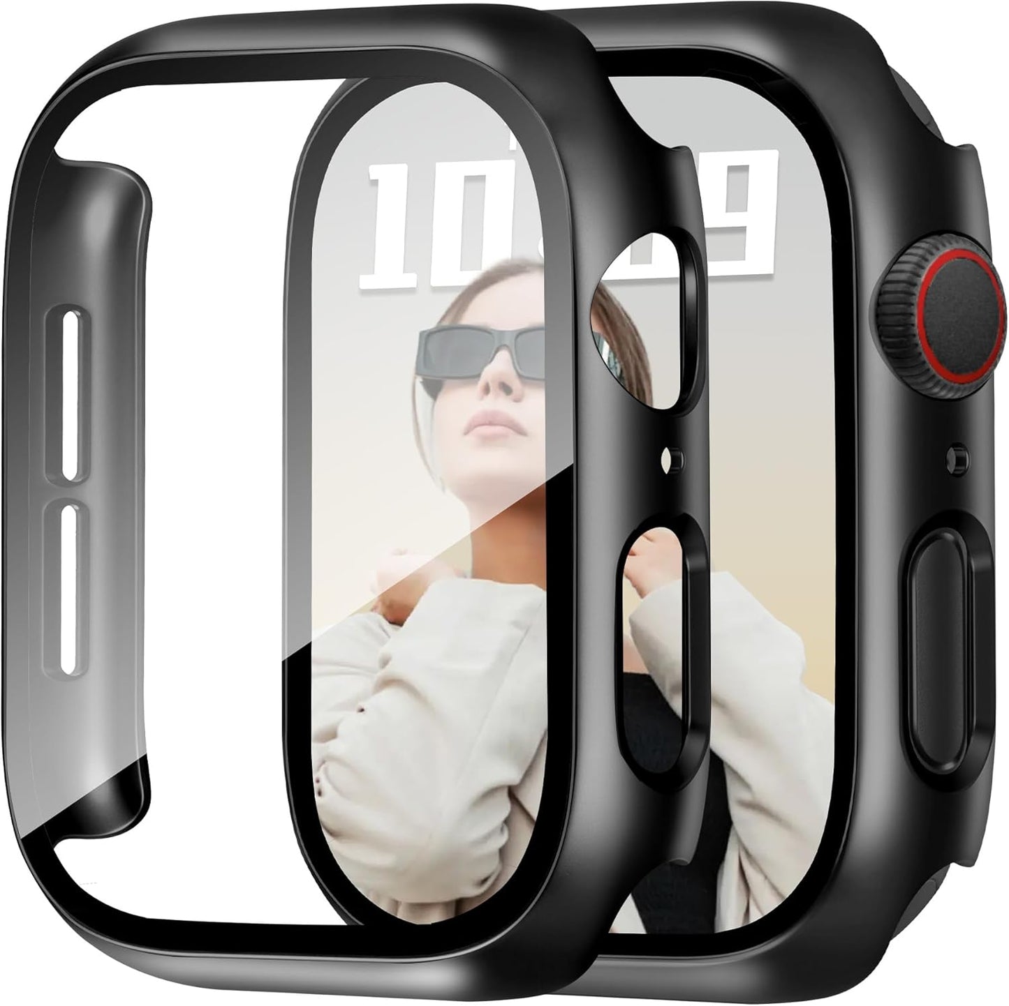 JR.DM 46mm 2 Pack Hard PC Case with HD Tempered Glass Screen Protector for Apple Watch Series 10/11 (2025), Guard Bumper Full Coverage Protective Anti-Scratch Face Cover for iWatch, Black+ Black