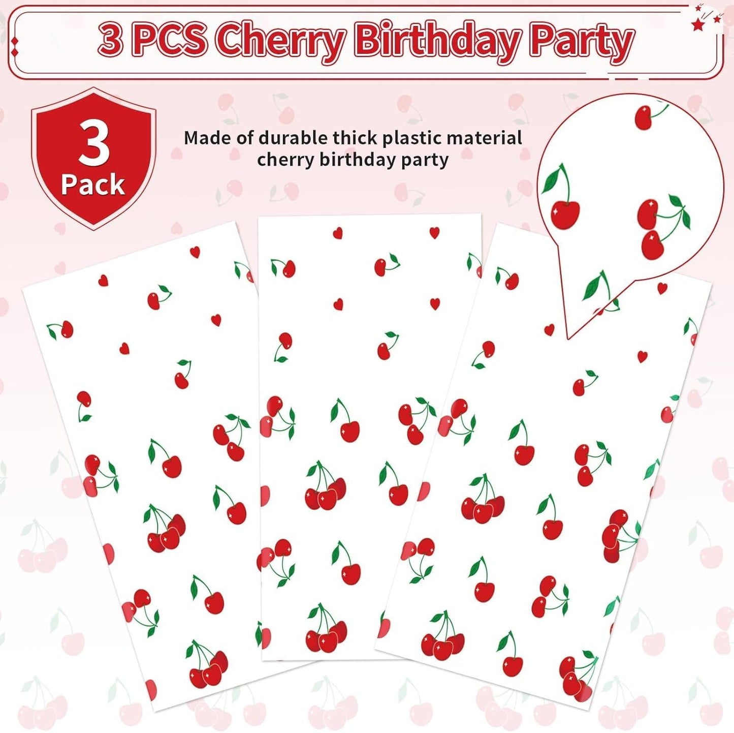 Grencian 3Pcs Cherry Tablecloth Cherry Table Cover Plastic Rectangle Fruit Theme Table Cloth for Cherries Birthday Wedding Bridal Baby Shower Party Decorations, 54 X 108 Inch