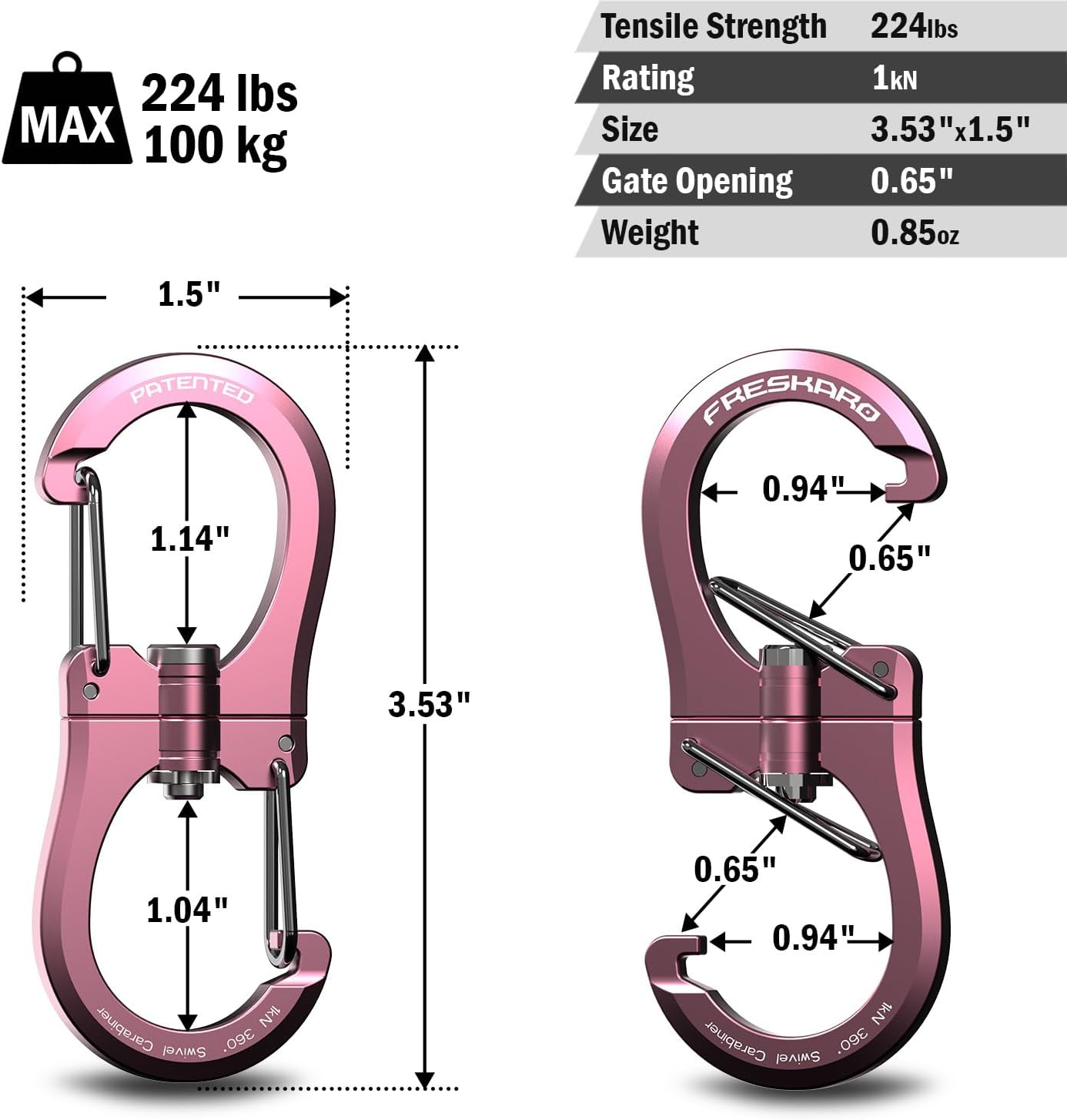 FresKaro 1kN Double-Ended Wiregate Carabiner Clip, Patented Design, Reversible 360 Spin, Lightweight Utility Hook for Hiking, Camping, Fishing, Birdfeeders, Keychain, Not for Climbing