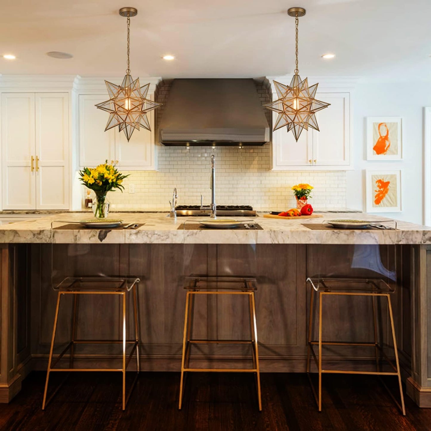 DIRYZON 20 Inch Gold Large Moravian Star Pendant Light Mid Century Clear Glass Hanging Pendant Light for Kitchen Bedroom Porch