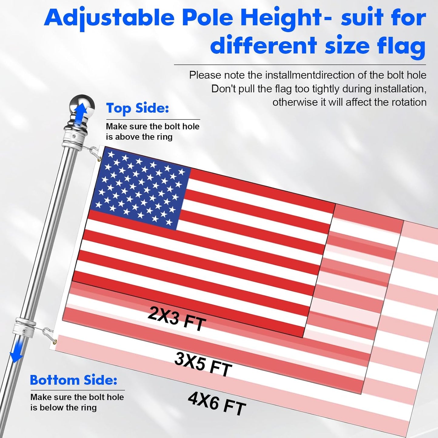 Anovo Flag Pole Kit- Stainless Steel 7 FT Flag Poles with1 Inch Metal 360° Rotating Flag Pole Rings Clip, Two-Position Flag Pole Holder Brackets Mounting for Outside House Outdoor Porch(7 FT - Sliver)