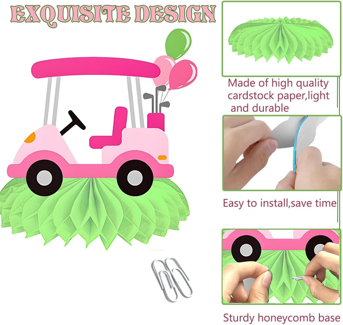 Golf Let's Par-Tee Banner Pink Golf Theme Birthday Party Decoration Hanging Swirls Pink Golf Honeycomb Centerpieces Golf Decor for Golf Lover Girls Sports Theme Party Golf Baby Shower Decoration