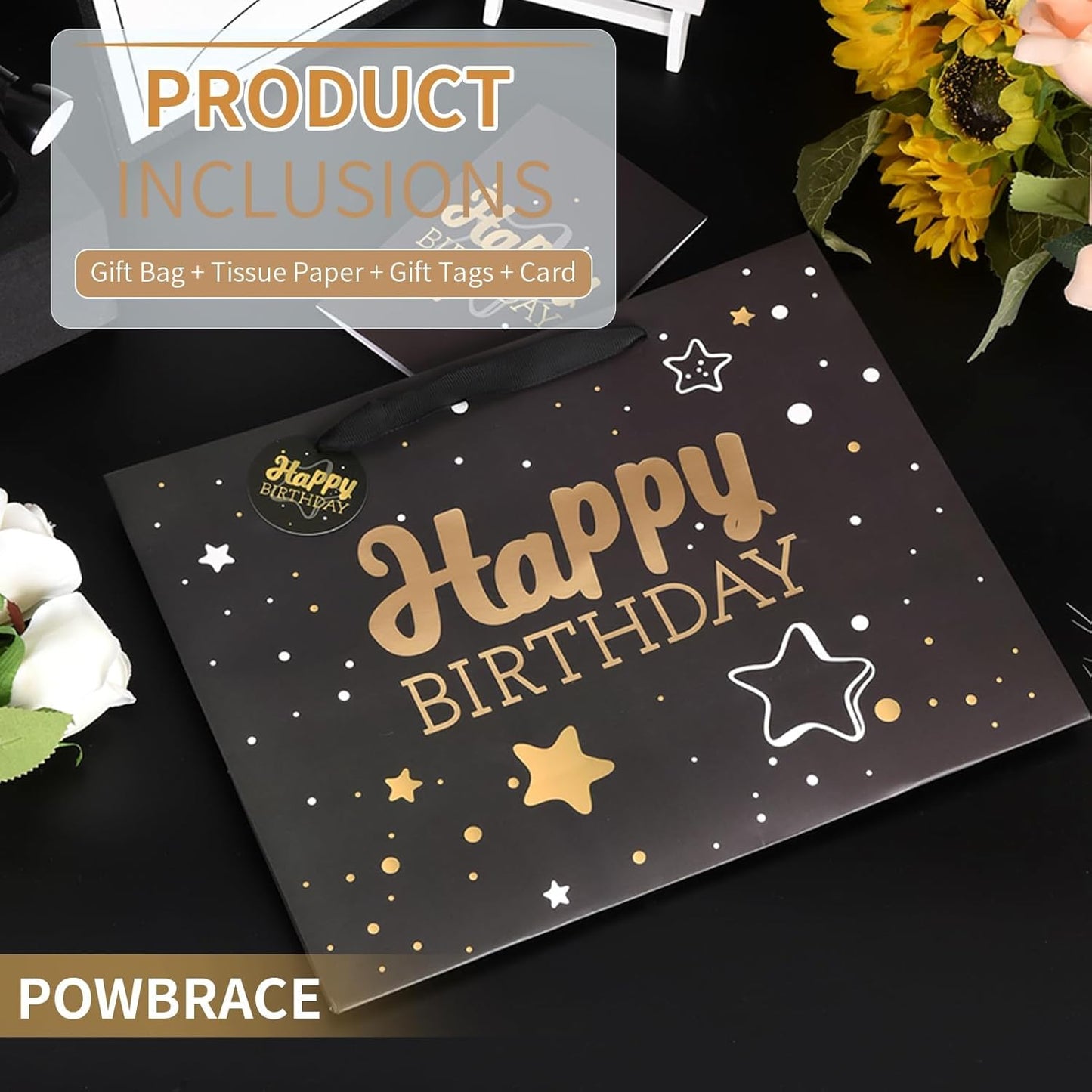 13" Black Happy Birthday Gift Bag with Tissue Paper and Greeting Card for Party,Happy Birthday Gift Bag for Men Women,Gift Bags Medium size(5 PCS Black Hot Stamping)