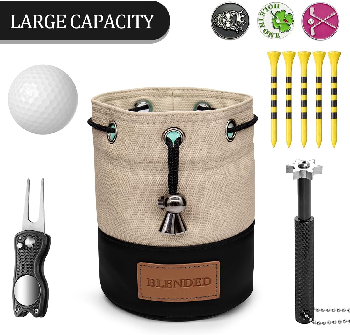 Golf Valuables Pouch,Bucket Waist Design Golf Pouch Bag with Drawstrings Golf Tee Bag Pouch Leather for Men Women (Khaki+Black)