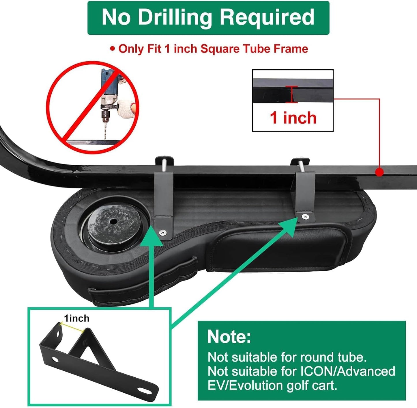No Drilling Golf Cart Armrest with Cup Holder Phone Bag Golf Tree Holder for Rear Seat, Triangle Support Frame Fits 1" Side Square Tube EZGO Club Car DS Precedent Yamaha Golf Carts Arm Rest
