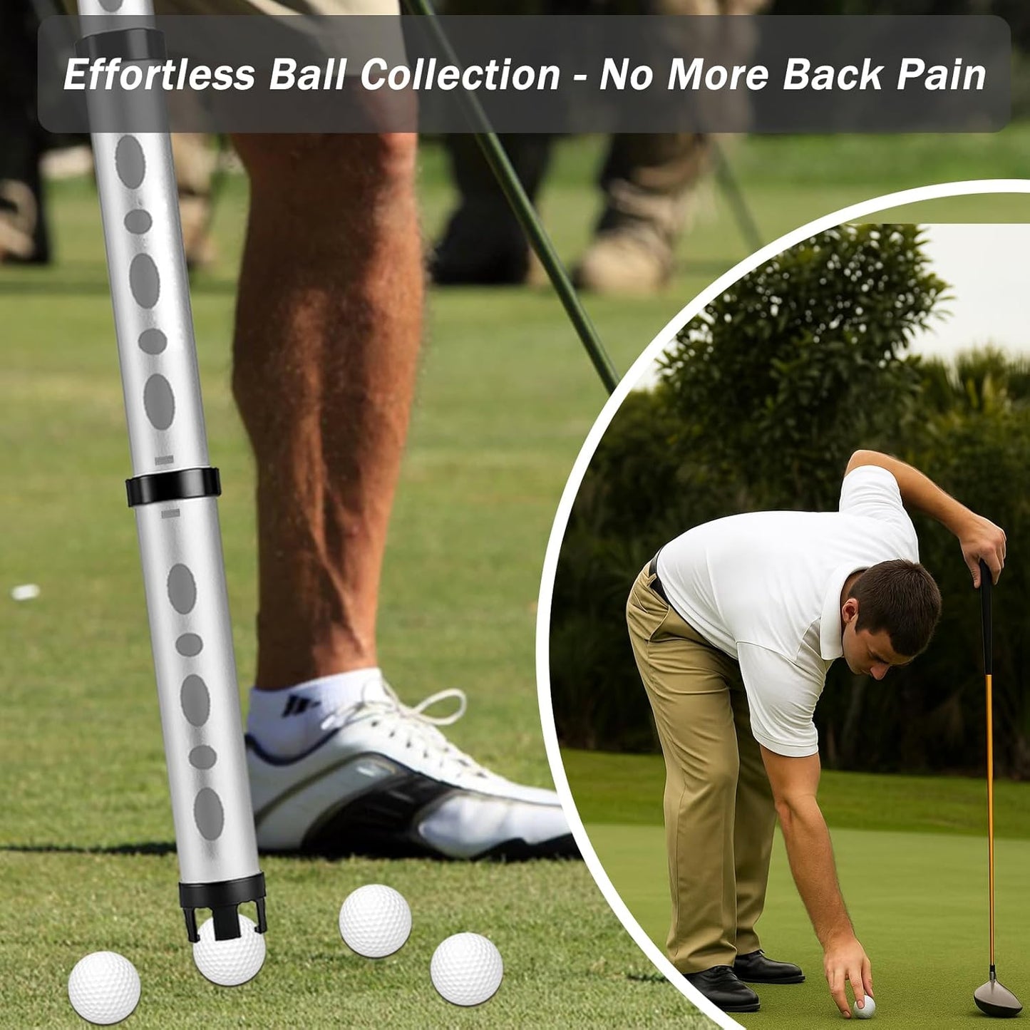 Golf Ball Picker Upper, Aluminum Golf Ball Retriever, Durable & Portable Ball Collector Tube, Holds 24 Golf Balls with Carry Bag & Ball Towel, Great Golf Gifts for Men