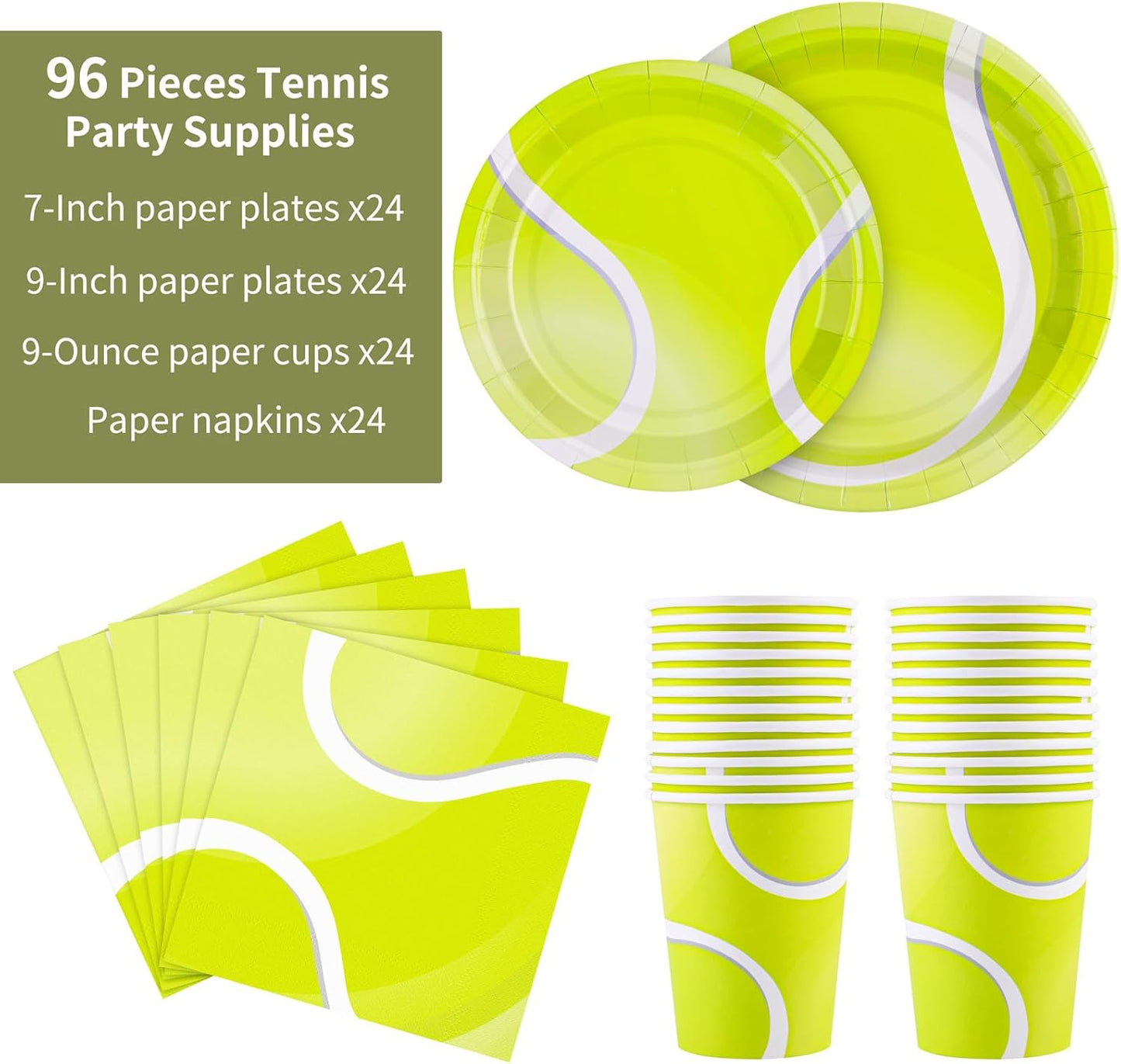 durony 96 Pieces Tennis Party Supplies Tableware Set Include Tennis Paper Plates Napkins and Cups Ball Game Dessert Plates for Sports Party Decorations, Serve 24 Guests