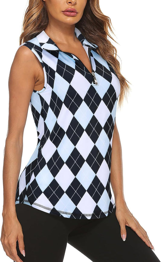 Koscacy Women's Sleeveless Golf Tennis Polo Shirts Zip Up Dry Fit Workout Tank Tops Athletic Shirt