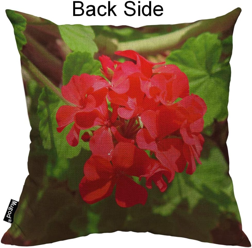 Mugod Pelargonium Throw Pillow Cover Geranium Elegant Flowers Leaf Floral Red Green Cotton Linen Square Cushion Cover Standard Pillowcase 18x18 Inch for Home Decorative Bedroom/Living Room/Car