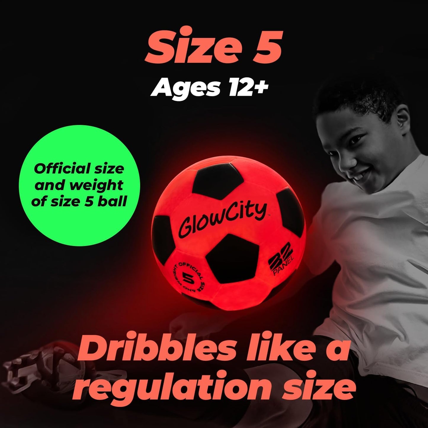 GlowCity Glow in The Dark Soccer Ball - Sizes 3, 4, 5 for Kids, Teens & Adults - Light Up Soccer Ball with 2 LED Lights - Sports Birthday Gifts Ideas for Boys & Teenagers Ages 6 7 8 9 10 11 12 13 14