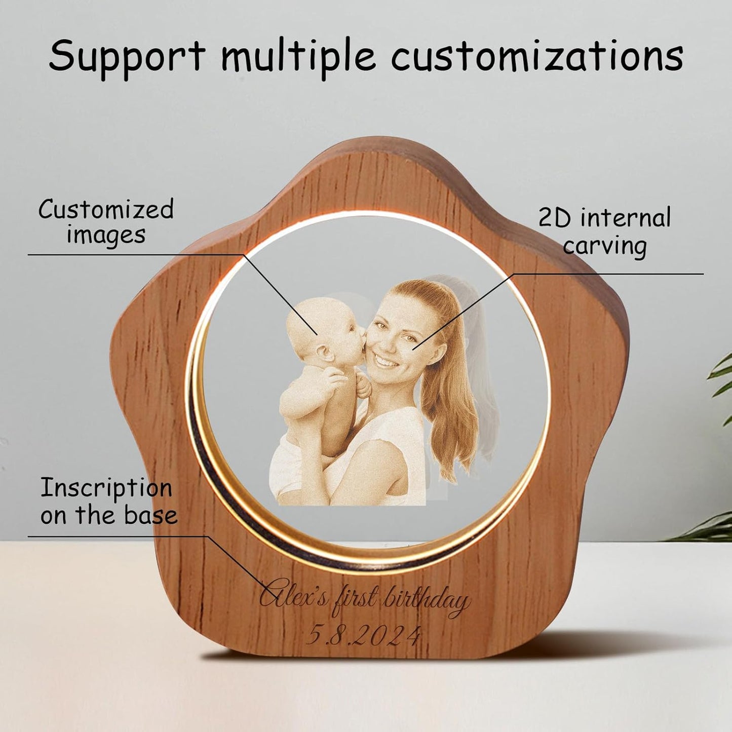 Custom 3D Crystal Photo Night Light – Personalized Glass Photo Ball with Customized 3D Picture Engraving, LED Light Wood Base, Unique Custom Gifts for Family, Pets, Birthday，Valentine's Day (Style 5)