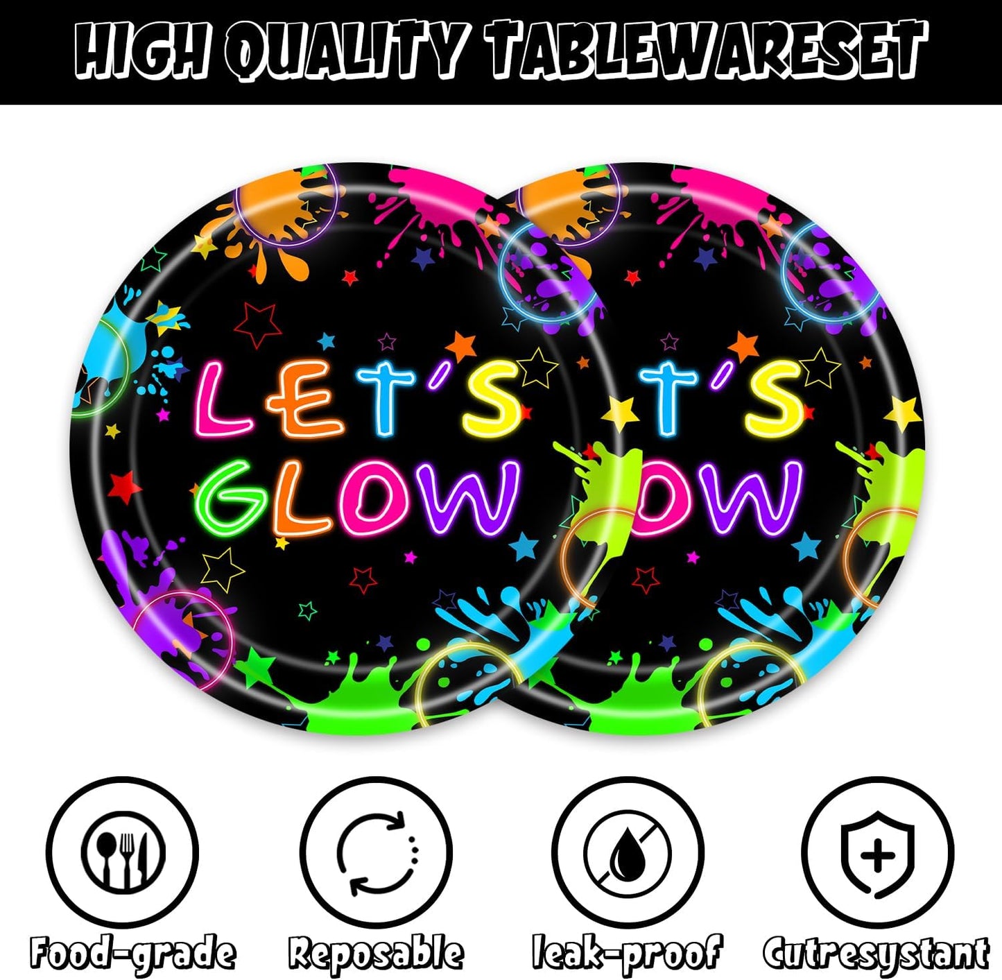 Neon Party Decorations 48Pcs Black Not Glow Birthday Plates and Napkins Sets Glow Party Supplies for Birthday Baby Shower Decorations Serve 16